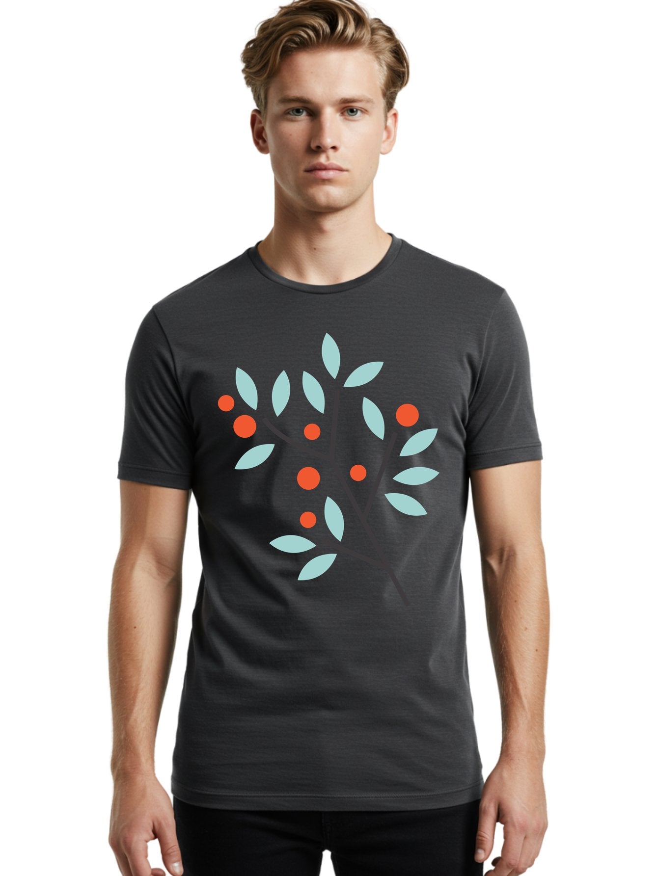 Branch-With-Leaves-And-Berries Men'S Graphic Tee, 100% Cotton, Comfortable Casual Summer Wear, Machine Washable, Simple Branch, Red Berries, Light Blue Leaves, Black Branches, Minimalist Design, Flat Illustration, Nature-Inspired Art, Aac542 22