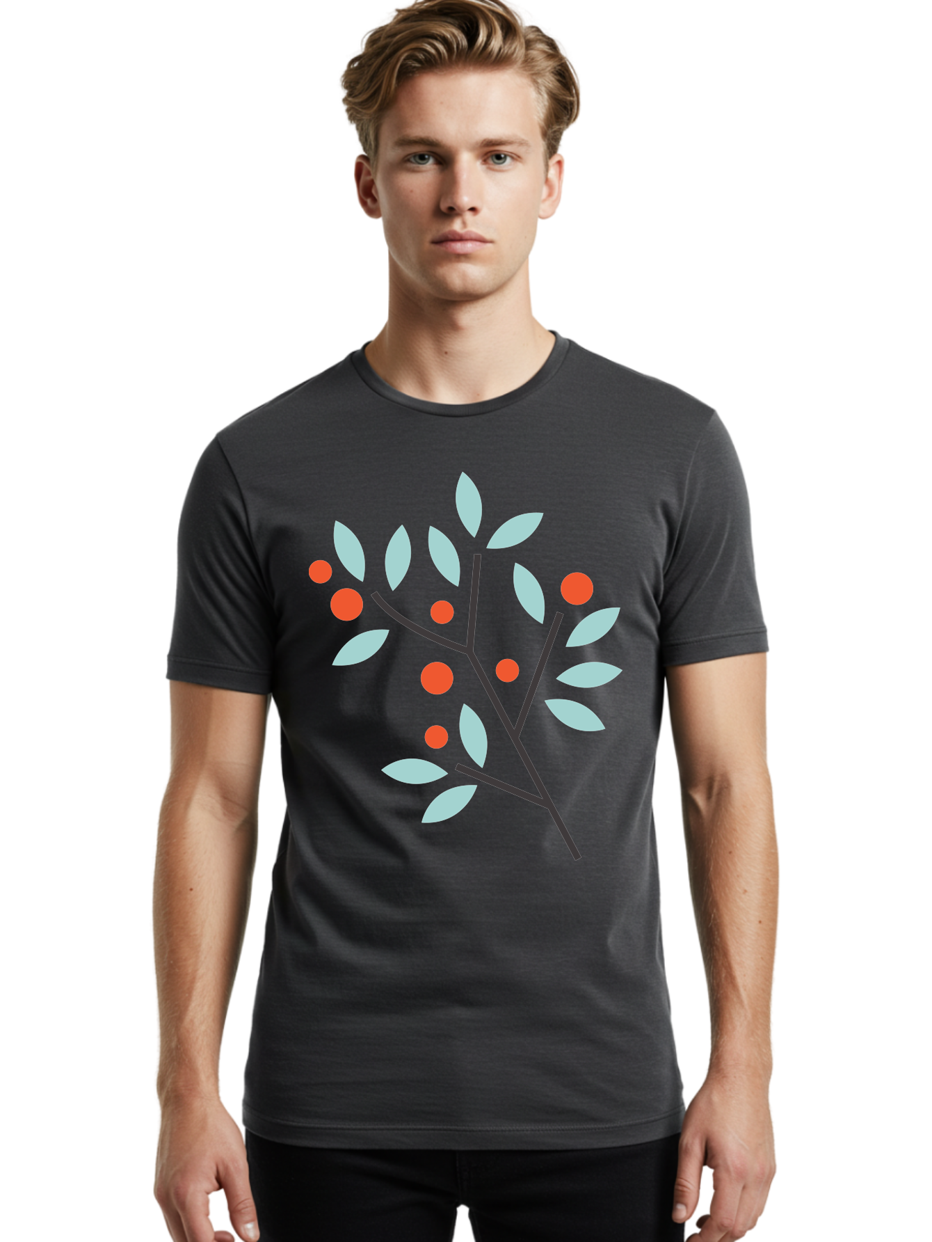 Branch-With-Leaves-And-Berries Men'S Graphic Tee, 100% Cotton, Comfortable Casual Summer Wear, Machine Washable, Simple Branch, Red Berries, Light Blue Leaves, Black Branches, Minimalist Design, Flat Illustration, Nature-Inspired Art, Aac542 18