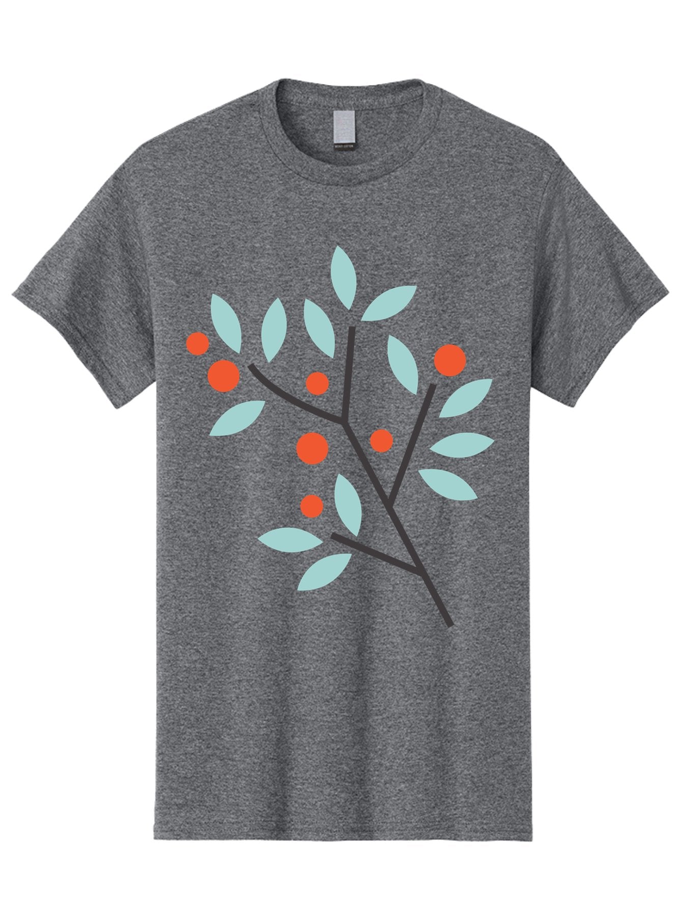 Branch-With-Leaves-And-Berries Men'S Graphic Tee, 100% Cotton, Comfortable Casual Summer Wear, Machine Washable, Simple Branch, Red Berries, Light Blue Leaves, Black Branches, Minimalist Design, Flat Illustration, Nature-Inspired Art, Aac542 10