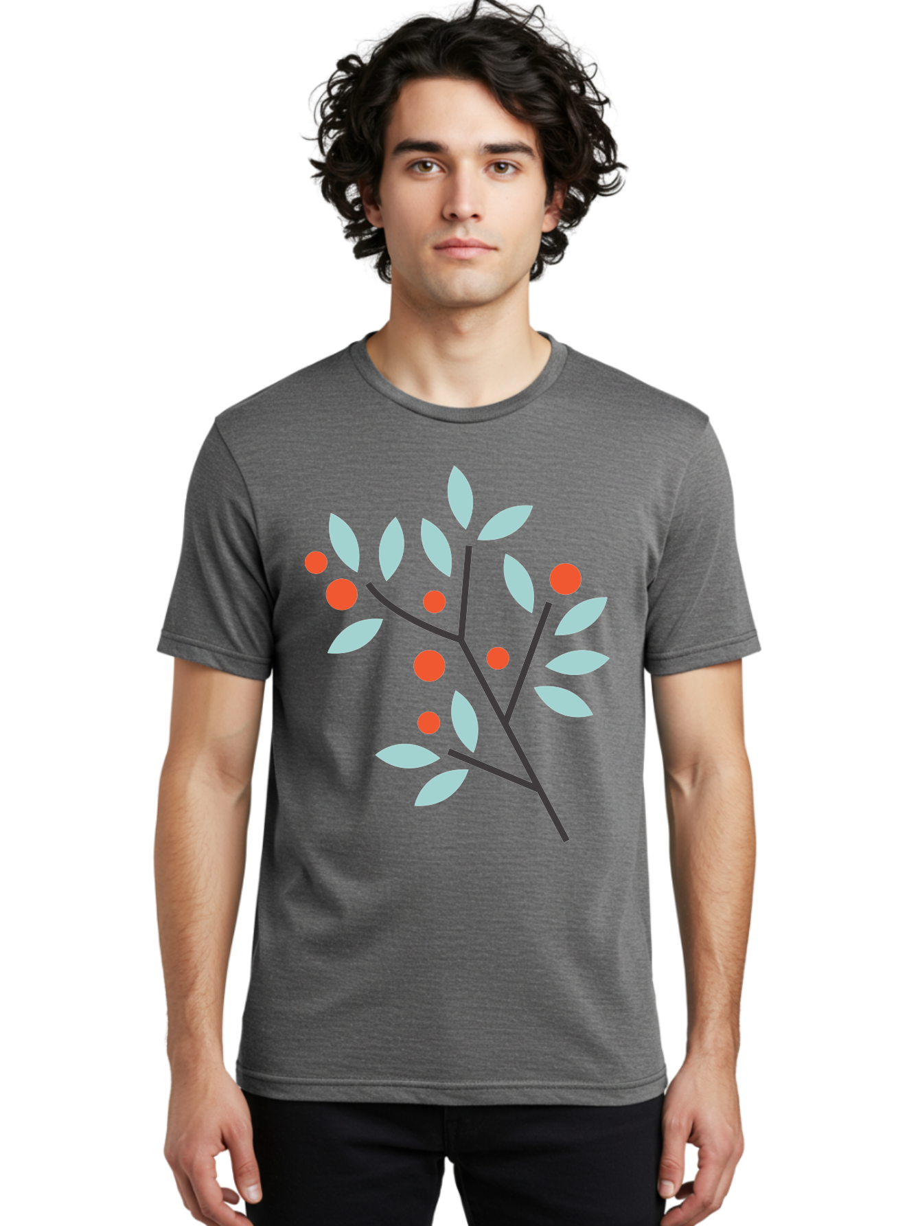 Branch-With-Leaves-And-Berries Men'S Graphic Tee, 100% Cotton, Comfortable Casual Summer Wear, Machine Washable, Simple Branch, Red Berries, Light Blue Leaves, Black Branches, Minimalist Design, Flat Illustration, Nature-Inspired Art, Aac542 28