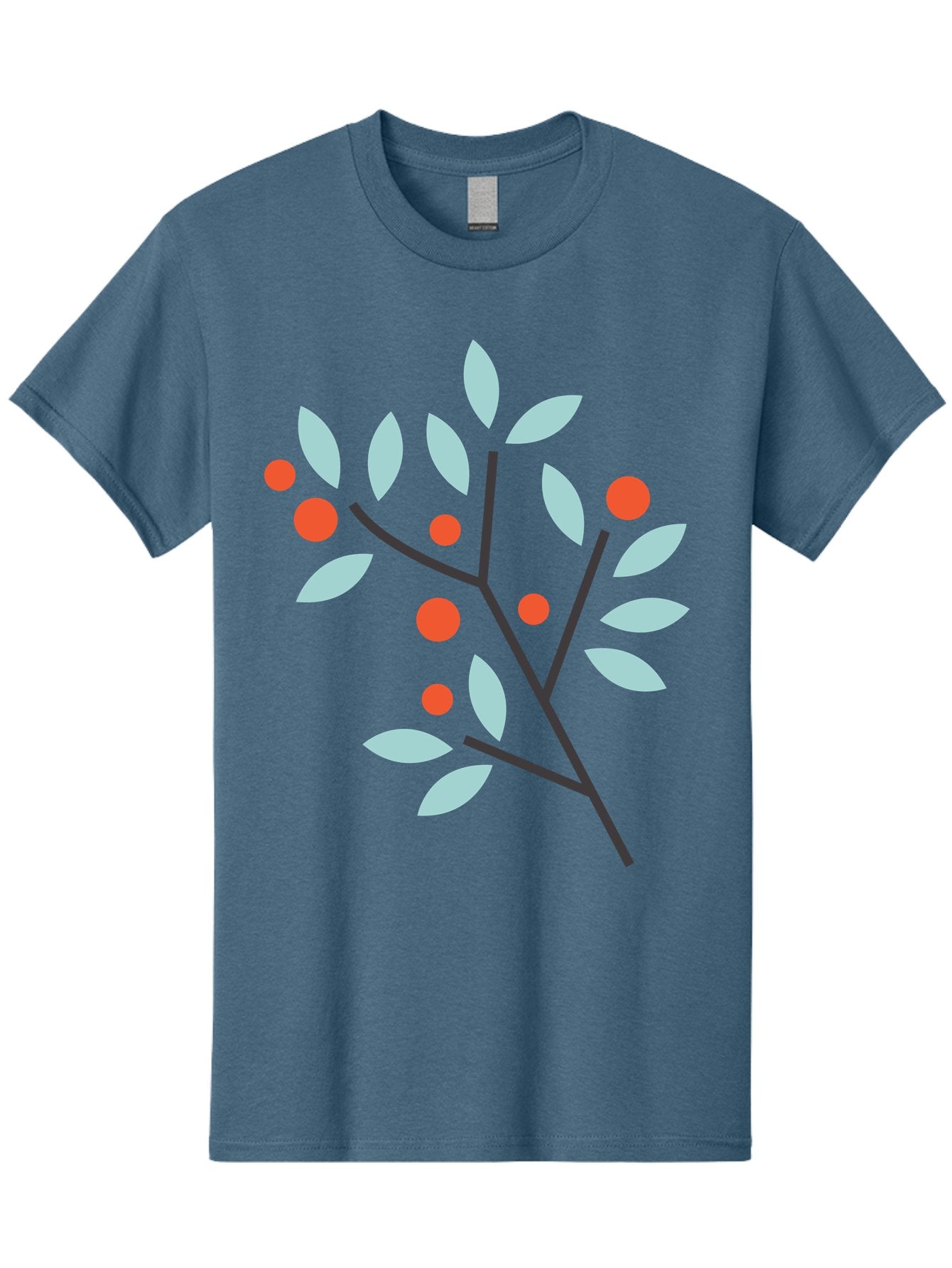 Branch-With-Leaves-And-Berries Men'S Graphic Tee, 100% Cotton, Comfortable Casual Summer Wear, Machine Washable, Simple Branch, Red Berries, Light Blue Leaves, Black Branches, Minimalist Design, Flat Illustration, Nature-Inspired Art, Aac542
