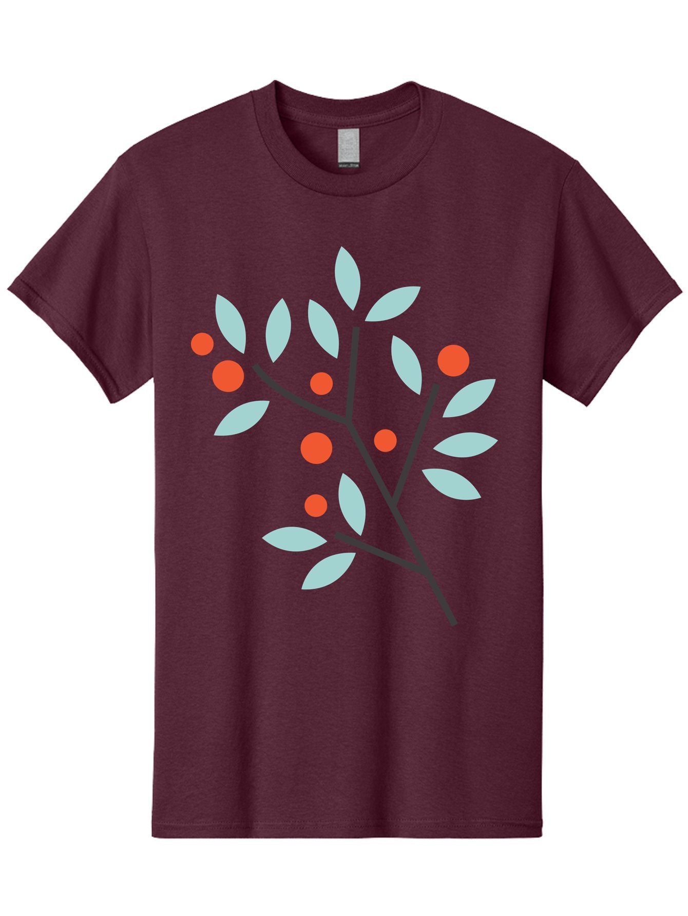 Branch-With-Leaves-And-Berries Men'S Graphic Tee, 100% Cotton, Comfortable Casual Summer Wear, Machine Washable, Simple Branch, Red Berries, Light Blue Leaves, Black Branches, Minimalist Design, Flat Illustration, Nature-Inspired Art, Aac542 7