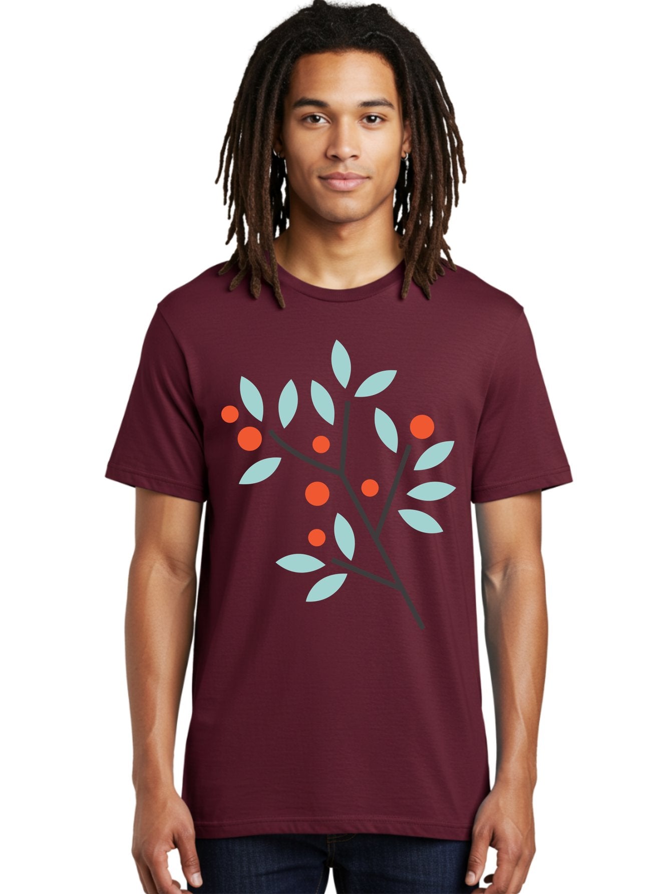 Branch-With-Leaves-And-Berries Men'S Graphic Tee, 100% Cotton, Comfortable Casual Summer Wear, Machine Washable, Simple Branch, Red Berries, Light Blue Leaves, Black Branches, Minimalist Design, Flat Illustration, Nature-Inspired Art, Aac542 16