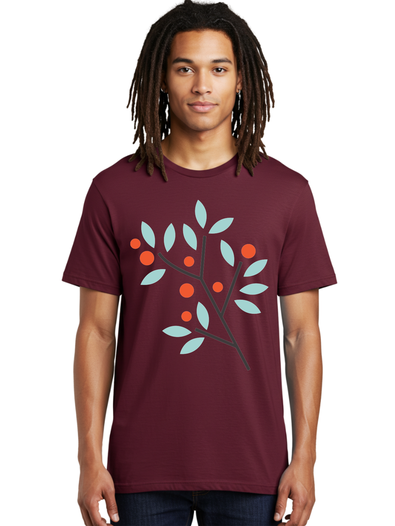 Branch-With-Leaves-And-Berries Men'S Graphic Tee, 100% Cotton, Comfortable Casual Summer Wear, Machine Washable, Simple Branch, Red Berries, Light Blue Leaves, Black Branches, Minimalist Design, Flat Illustration, Nature-Inspired Art, Aac542 26