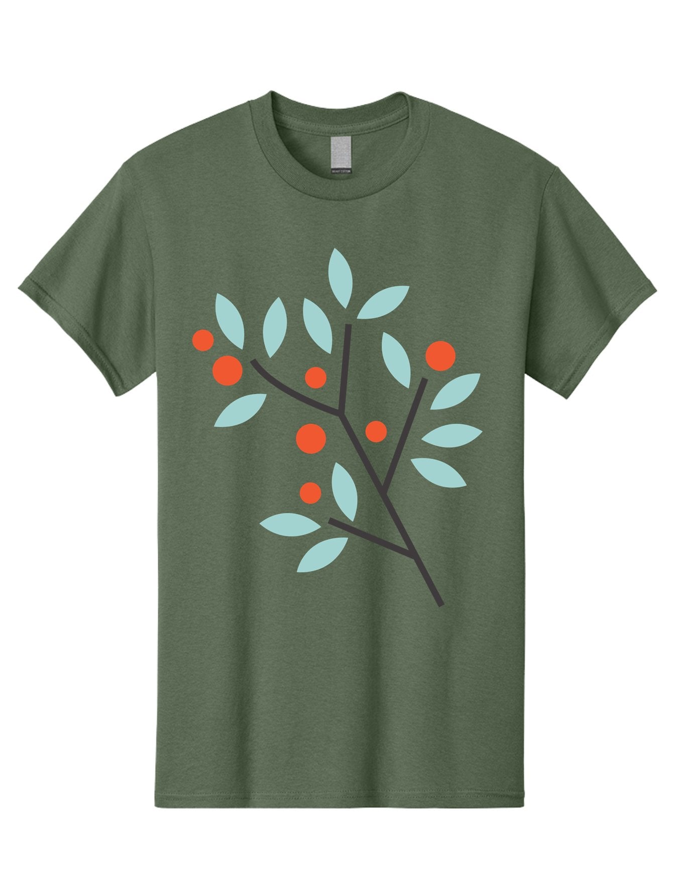 Branch-With-Leaves-And-Berries Men'S Graphic Tee, 100% Cotton, Comfortable Casual Summer Wear, Machine Washable, Simple Branch, Red Berries, Light Blue Leaves, Black Branches, Minimalist Design, Flat Illustration, Nature-Inspired Art, Aac542 13