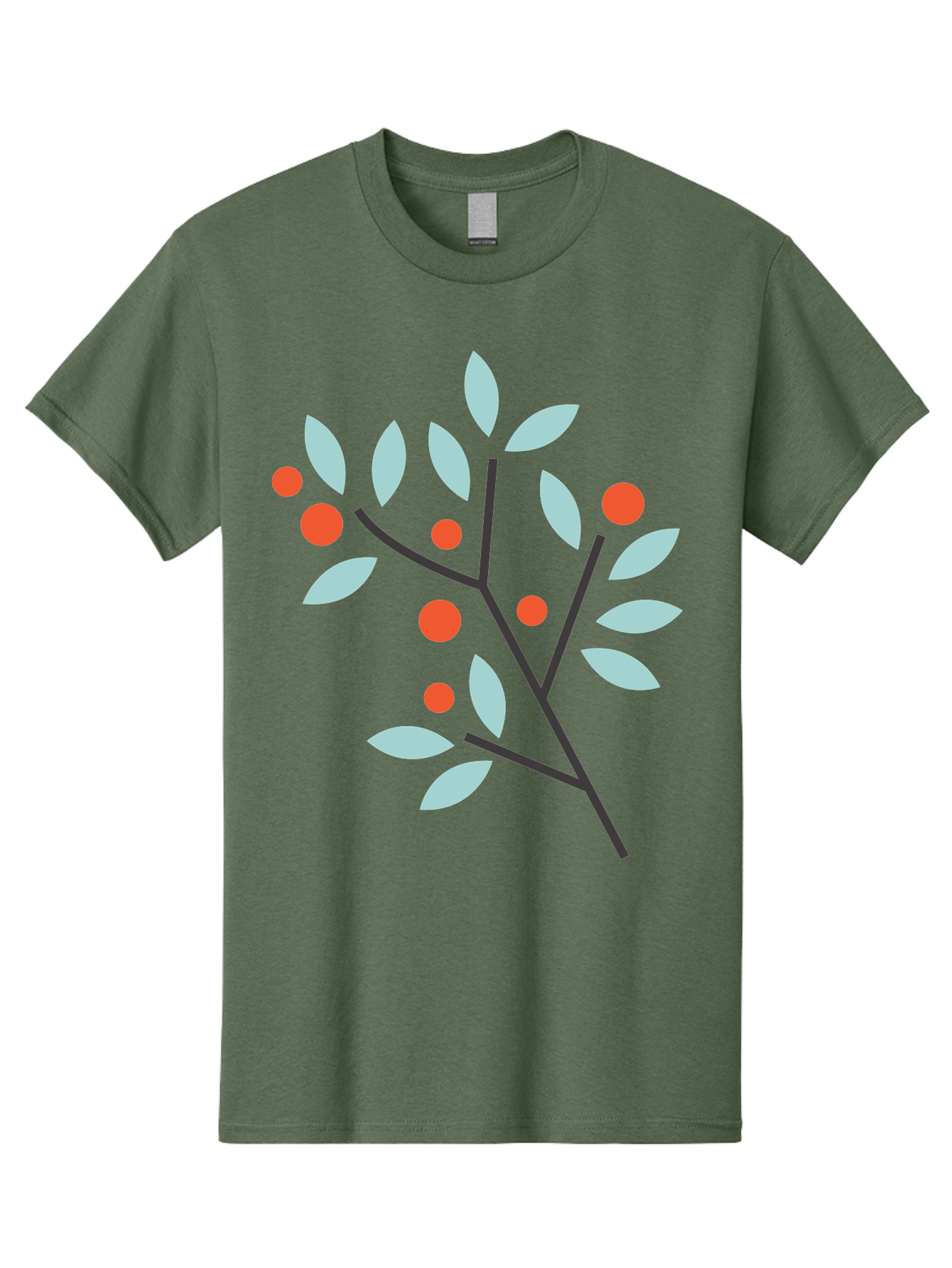 Branch-With-Leaves-And-Berries Men'S Graphic Tee, 100% Cotton, Comfortable Casual Summer Wear, Machine Washable, Simple Branch, Red Berries, Light Blue Leaves, Black Branches, Minimalist Design, Flat Illustration, Nature-Inspired Art, Aac542 29