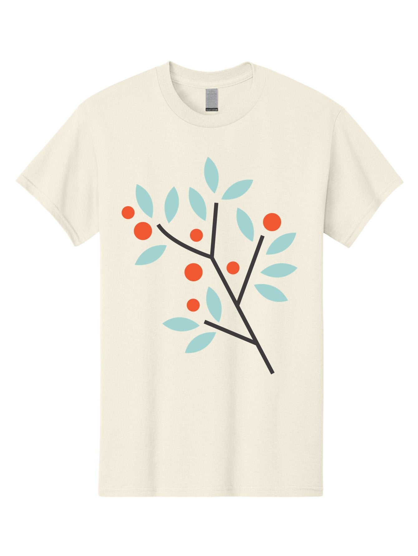 Branch-With-Leaves-And-Berries Men'S Graphic Tee, 100% Cotton, Comfortable Casual Summer Wear, Machine Washable, Simple Branch, Red Berries, Light Blue Leaves, Black Branches, Minimalist Design, Flat Illustration, Nature-Inspired Art, Aac542 6