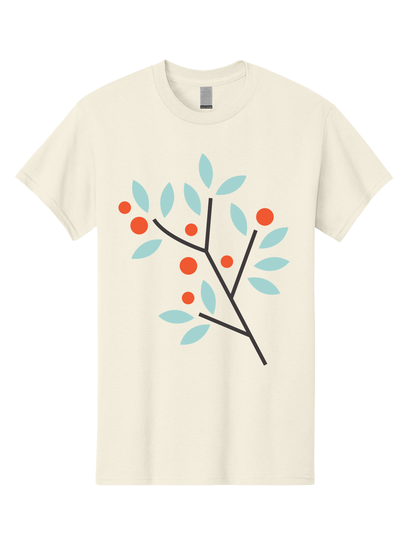 Branch-With-Leaves-And-Berries Men'S Graphic Tee, 100% Cotton, Comfortable Casual Summer Wear, Machine Washable, Simple Branch, Red Berries, Light Blue Leaves, Black Branches, Minimalist Design, Flat Illustration, Nature-Inspired Art, Aac542 13