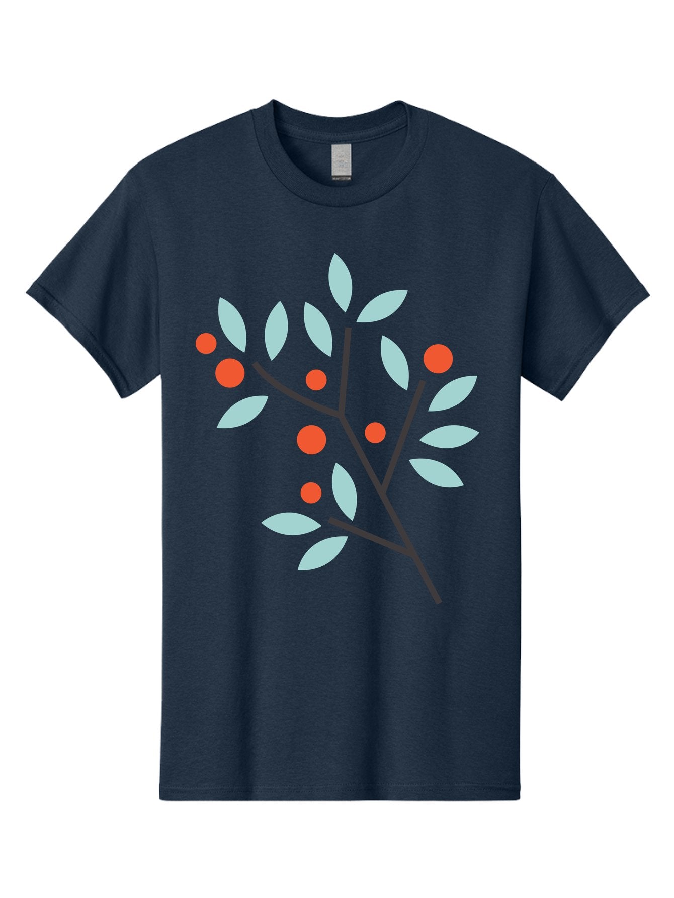Branch-With-Leaves-And-Berries Men'S Graphic Tee, 100% Cotton, Comfortable Casual Summer Wear, Machine Washable, Simple Branch, Red Berries, Light Blue Leaves, Black Branches, Minimalist Design, Flat Illustration, Nature-Inspired Art, Aac542 12