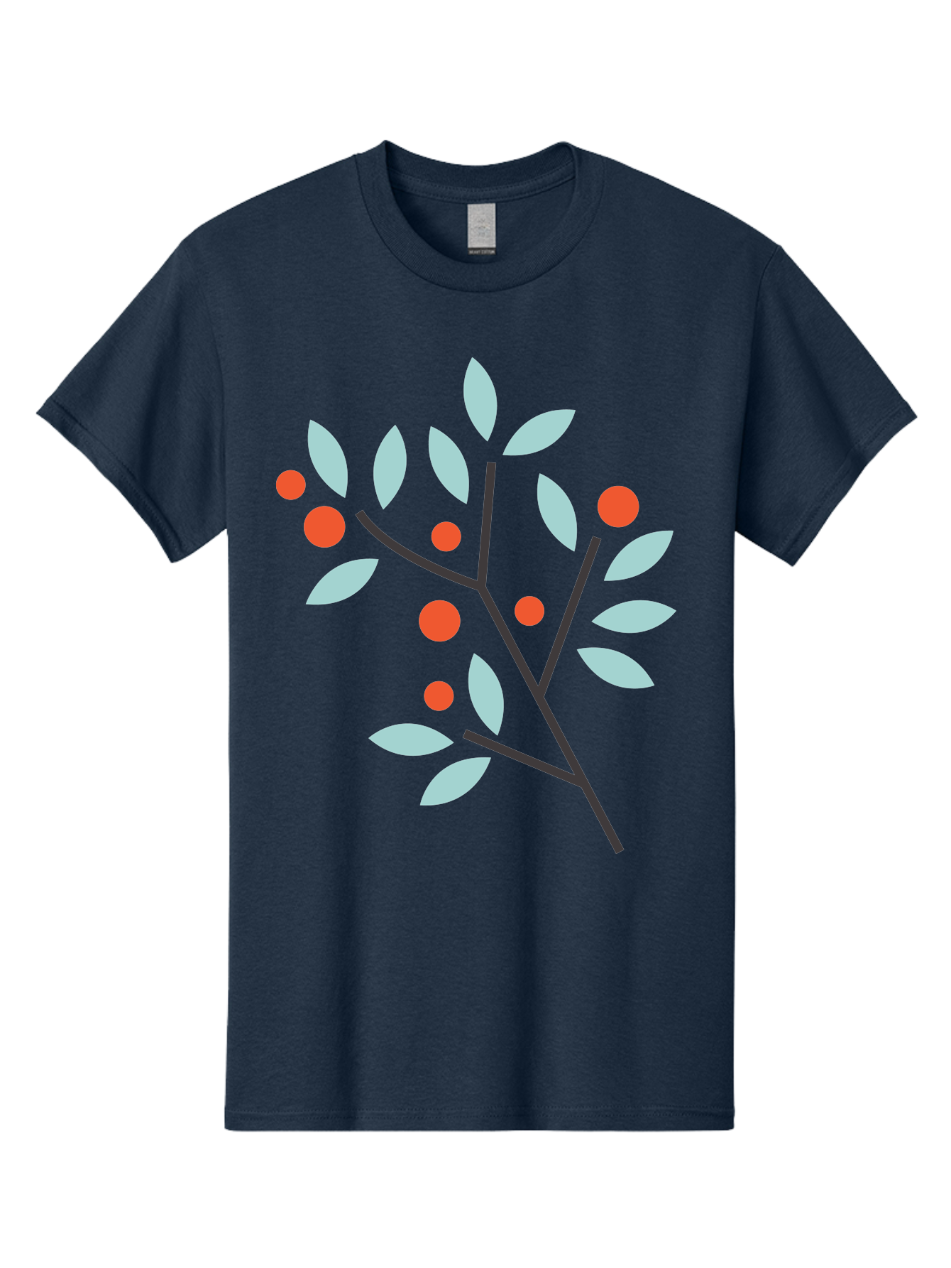 Branch-With-Leaves-And-Berries Men'S Graphic Tee, 100% Cotton, Comfortable Casual Summer Wear, Machine Washable, Simple Branch, Red Berries, Light Blue Leaves, Black Branches, Minimalist Design, Flat Illustration, Nature-Inspired Art, Aac542 5