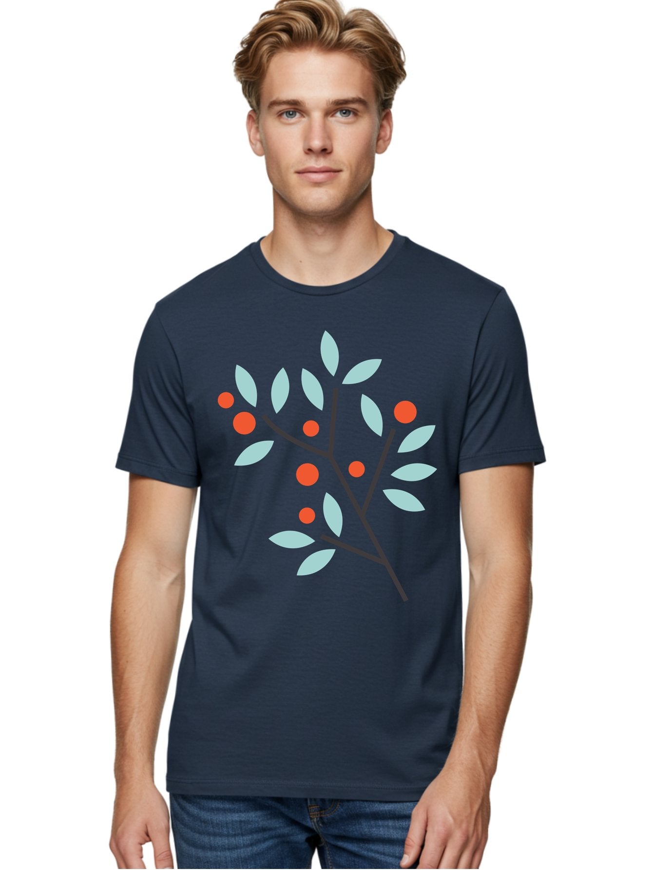 Branch-With-Leaves-And-Berries Men'S Graphic Tee, 100% Cotton, Comfortable Casual Summer Wear, Machine Washable, Simple Branch, Red Berries, Light Blue Leaves, Black Branches, Minimalist Design, Flat Illustration, Nature-Inspired Art, Aac542 28