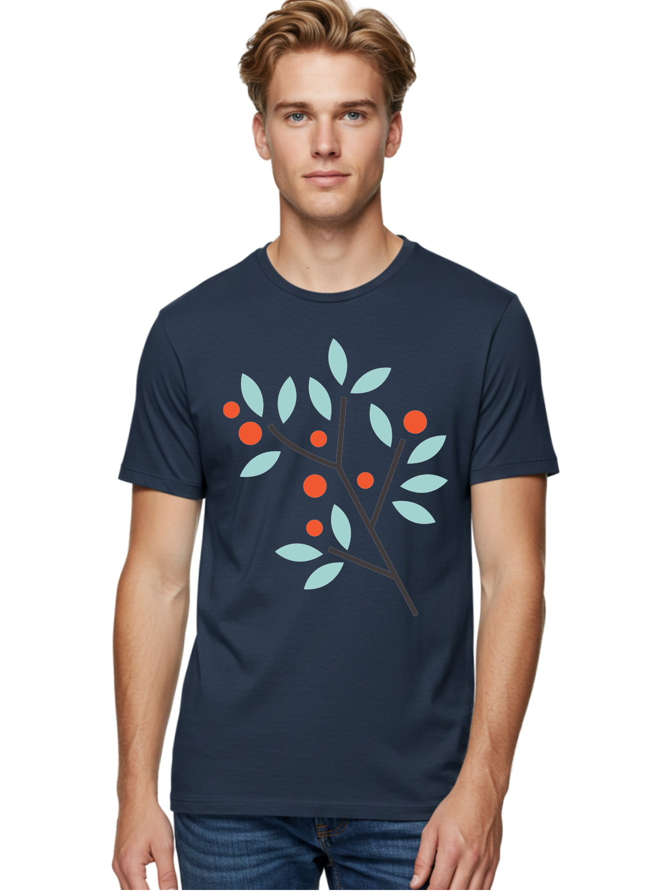 Branch-With-Leaves-And-Berries Men'S Graphic Tee, 100% Cotton, Comfortable Casual Summer Wear, Machine Washable, Simple Branch, Red Berries, Light Blue Leaves, Black Branches, Minimalist Design, Flat Illustration, Nature-Inspired Art, Aac542 6