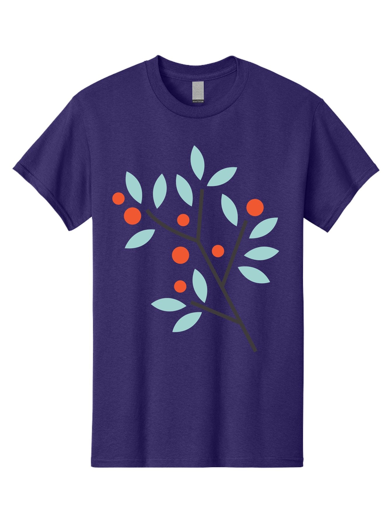 Branch-With-Leaves-And-Berries Men'S Graphic Tee, 100% Cotton, Comfortable Casual Summer Wear, Machine Washable, Simple Branch, Red Berries, Light Blue Leaves, Black Branches, Minimalist Design, Flat Illustration, Nature-Inspired Art, Aac542 14