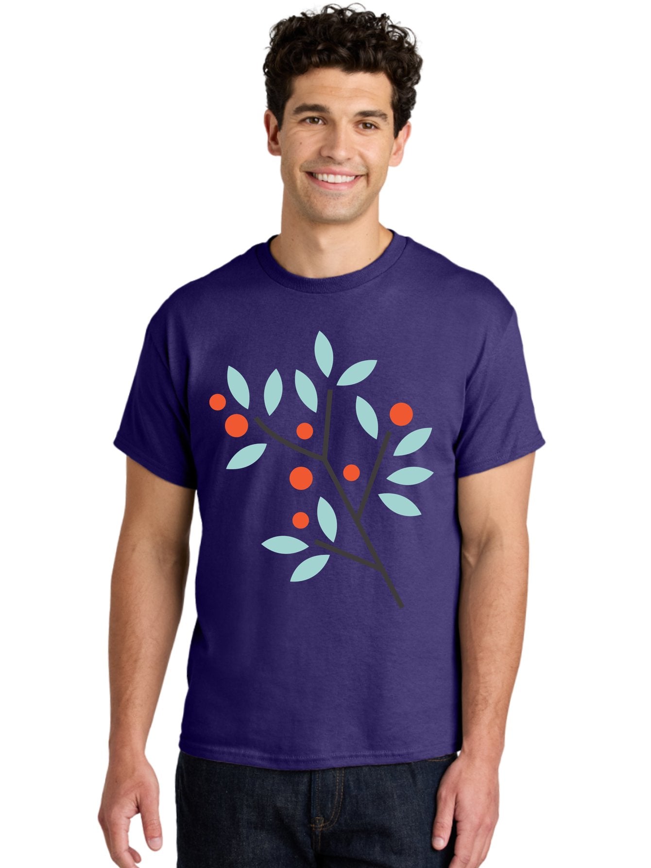 Branch-With-Leaves-And-Berries Men'S Graphic Tee, 100% Cotton, Comfortable Casual Summer Wear, Machine Washable, Simple Branch, Red Berries, Light Blue Leaves, Black Branches, Minimalist Design, Flat Illustration, Nature-Inspired Art, Aac542 29