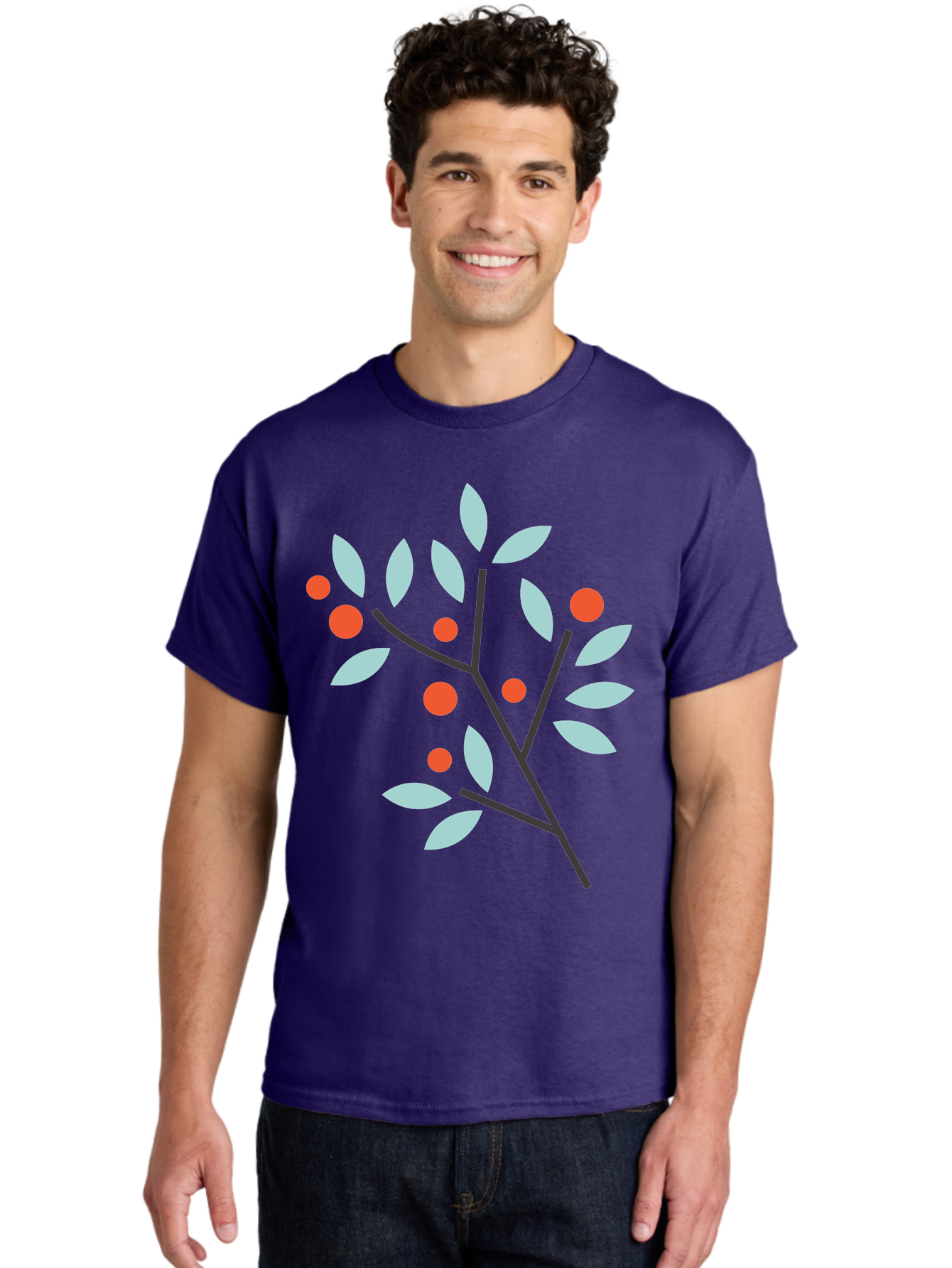 Branch-With-Leaves-And-Berries Men'S Graphic Tee, 100% Cotton, Comfortable Casual Summer Wear, Machine Washable, Simple Branch, Red Berries, Light Blue Leaves, Black Branches, Minimalist Design, Flat Illustration, Nature-Inspired Art, Aac542 4