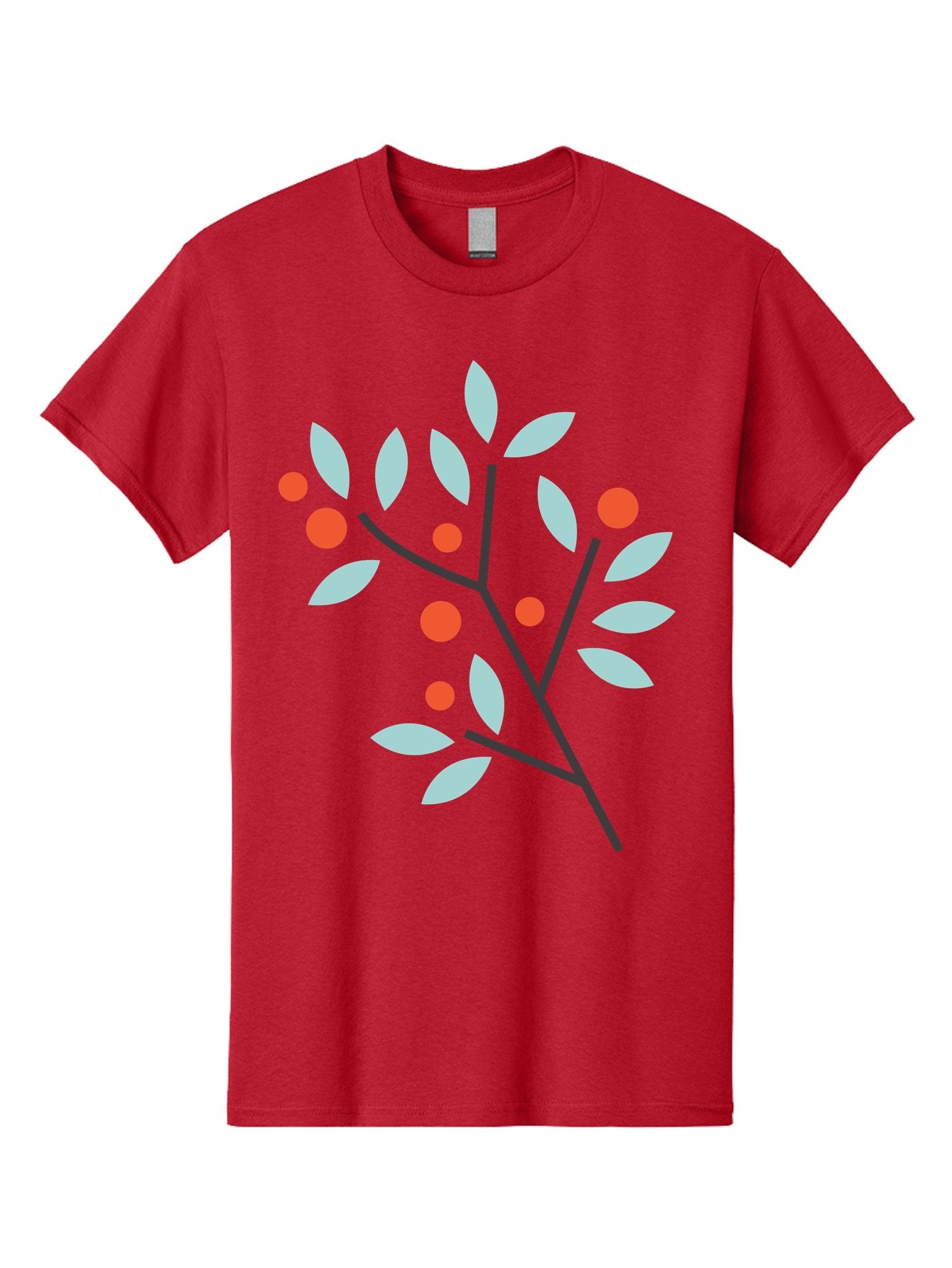 Branch-With-Leaves-And-Berries Men'S Graphic Tee, 100% Cotton, Comfortable Casual Summer Wear, Machine Washable, Simple Branch, Red Berries, Light Blue Leaves, Black Branches, Minimalist Design, Flat Illustration, Nature-Inspired Art, Aac542 9