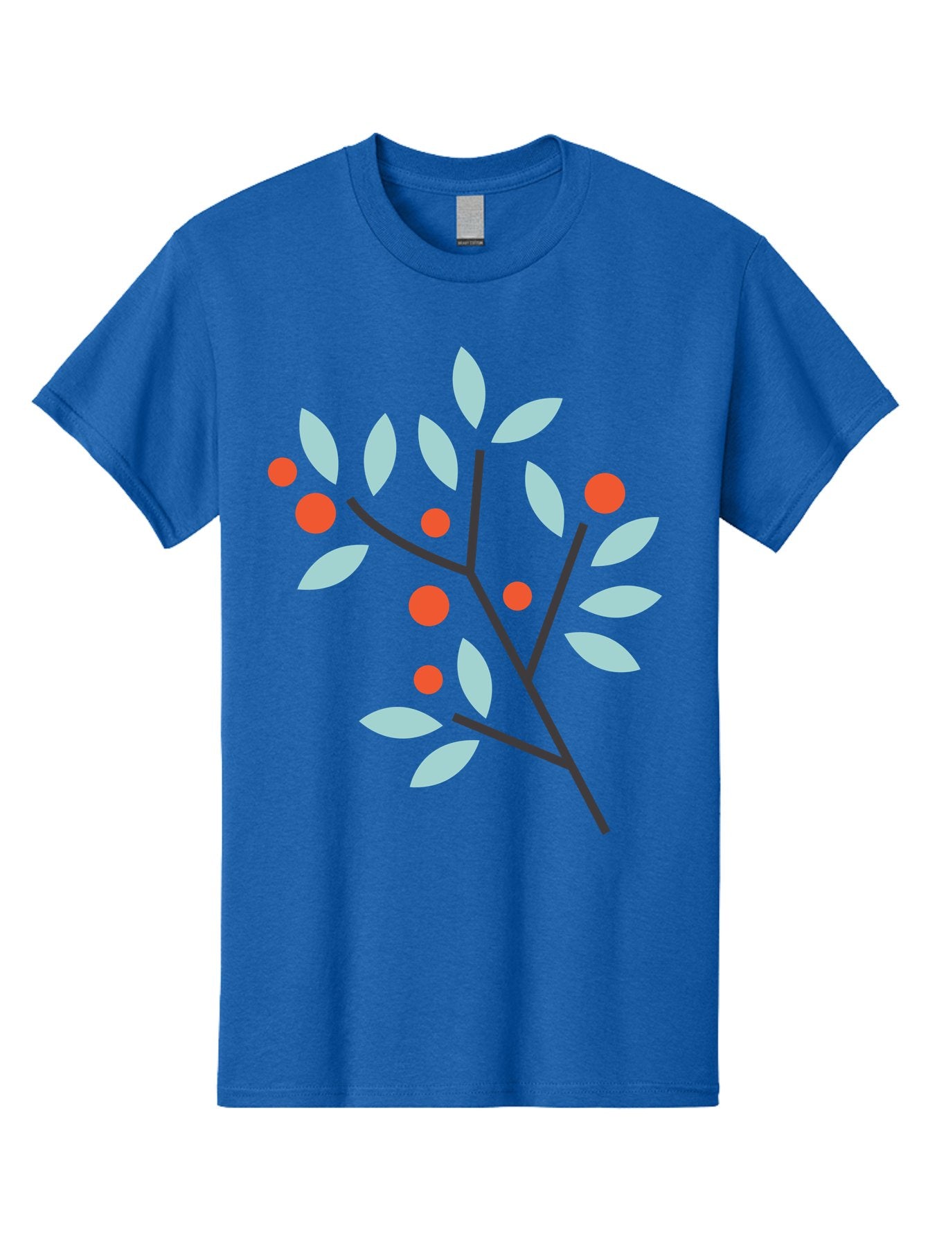 Branch-With-Leaves-And-Berries Men'S Graphic Tee, 100% Cotton, Comfortable Casual Summer Wear, Machine Washable, Simple Branch, Red Berries, Light Blue Leaves, Black Branches, Minimalist Design, Flat Illustration, Nature-Inspired Art, Aac542 5