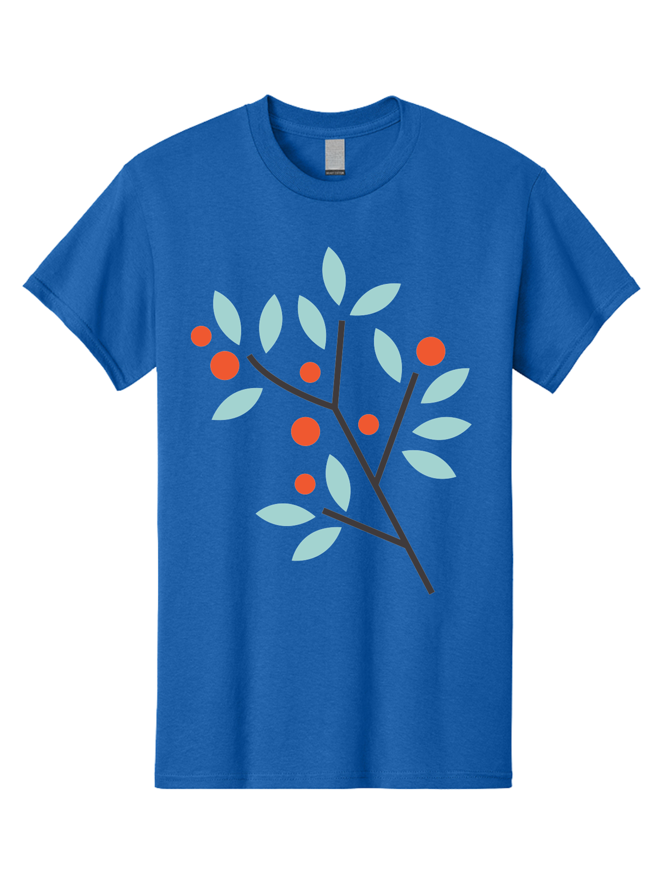 Branch-With-Leaves-And-Berries Men'S Graphic Tee, 100% Cotton, Comfortable Casual Summer Wear, Machine Washable, Simple Branch, Red Berries, Light Blue Leaves, Black Branches, Minimalist Design, Flat Illustration, Nature-Inspired Art, Aac542 15