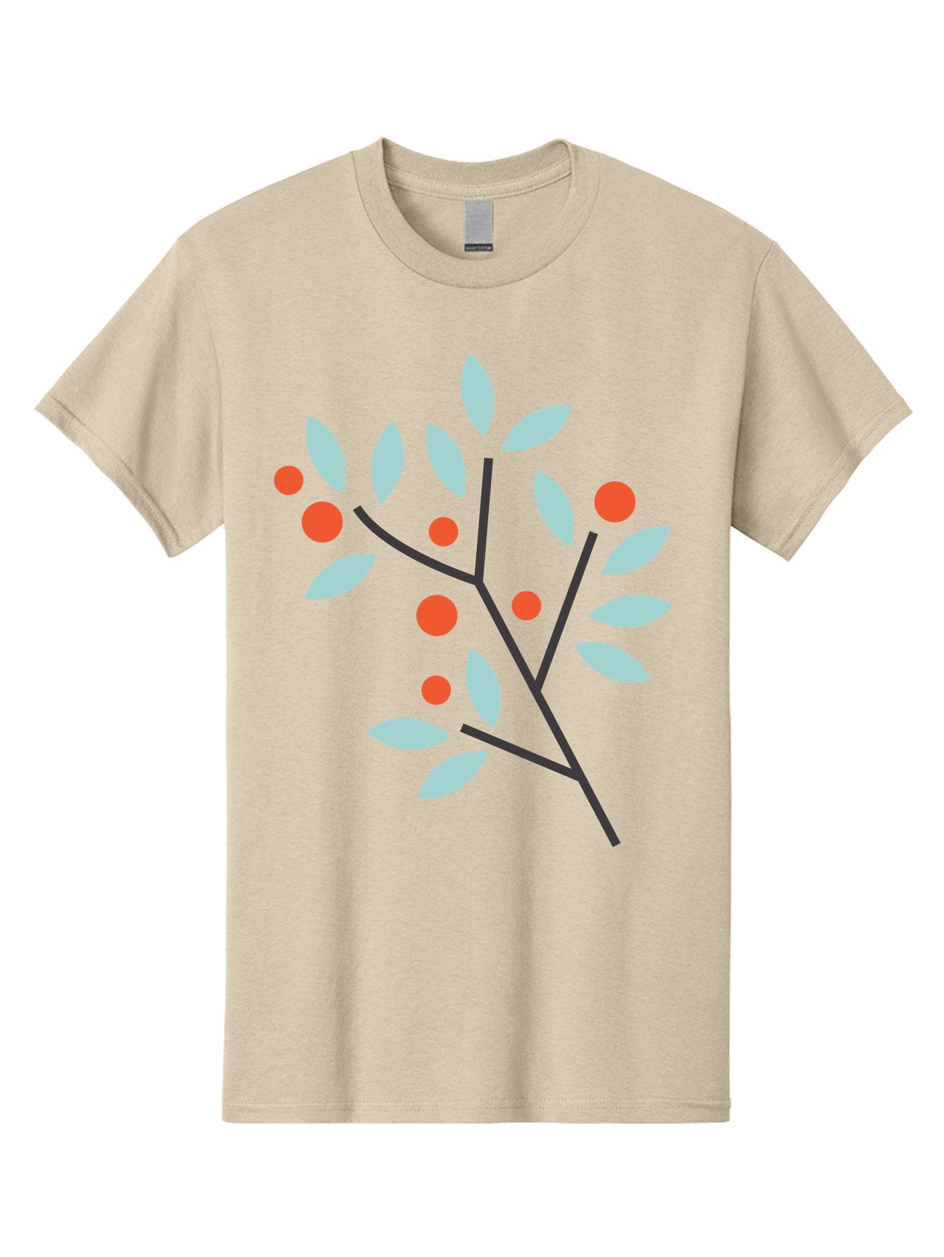 Branch-With-Leaves-And-Berries Men'S Graphic Tee, 100% Cotton, Comfortable Casual Summer Wear, Machine Washable, Simple Branch, Red Berries, Light Blue Leaves, Black Branches, Minimalist Design, Flat Illustration, Nature-Inspired Art, Aac542 8