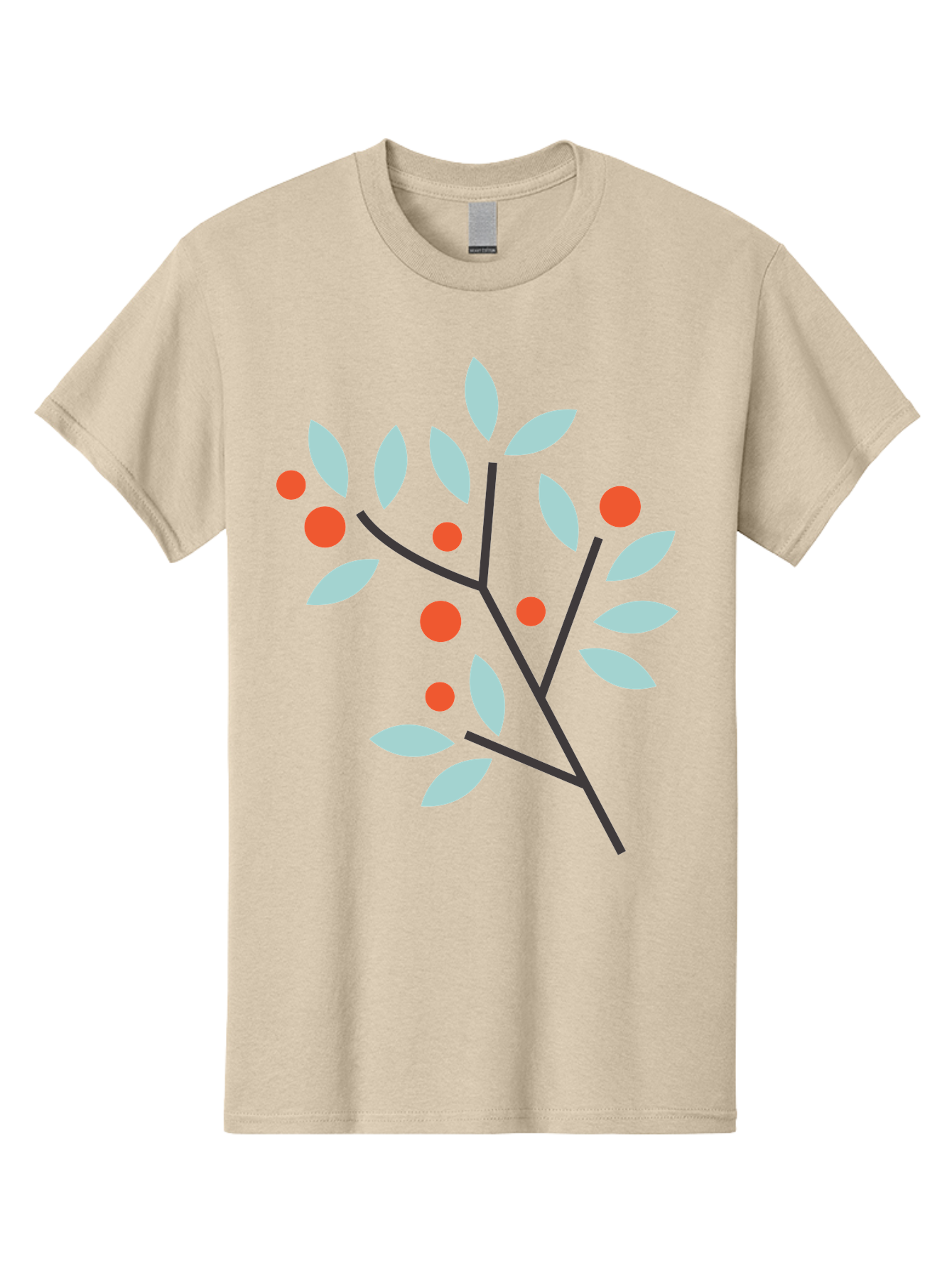 Branch-With-Leaves-And-Berries Men'S Graphic Tee, 100% Cotton, Comfortable Casual Summer Wear, Machine Washable, Simple Branch, Red Berries, Light Blue Leaves, Black Branches, Minimalist Design, Flat Illustration, Nature-Inspired Art, Aac542 11