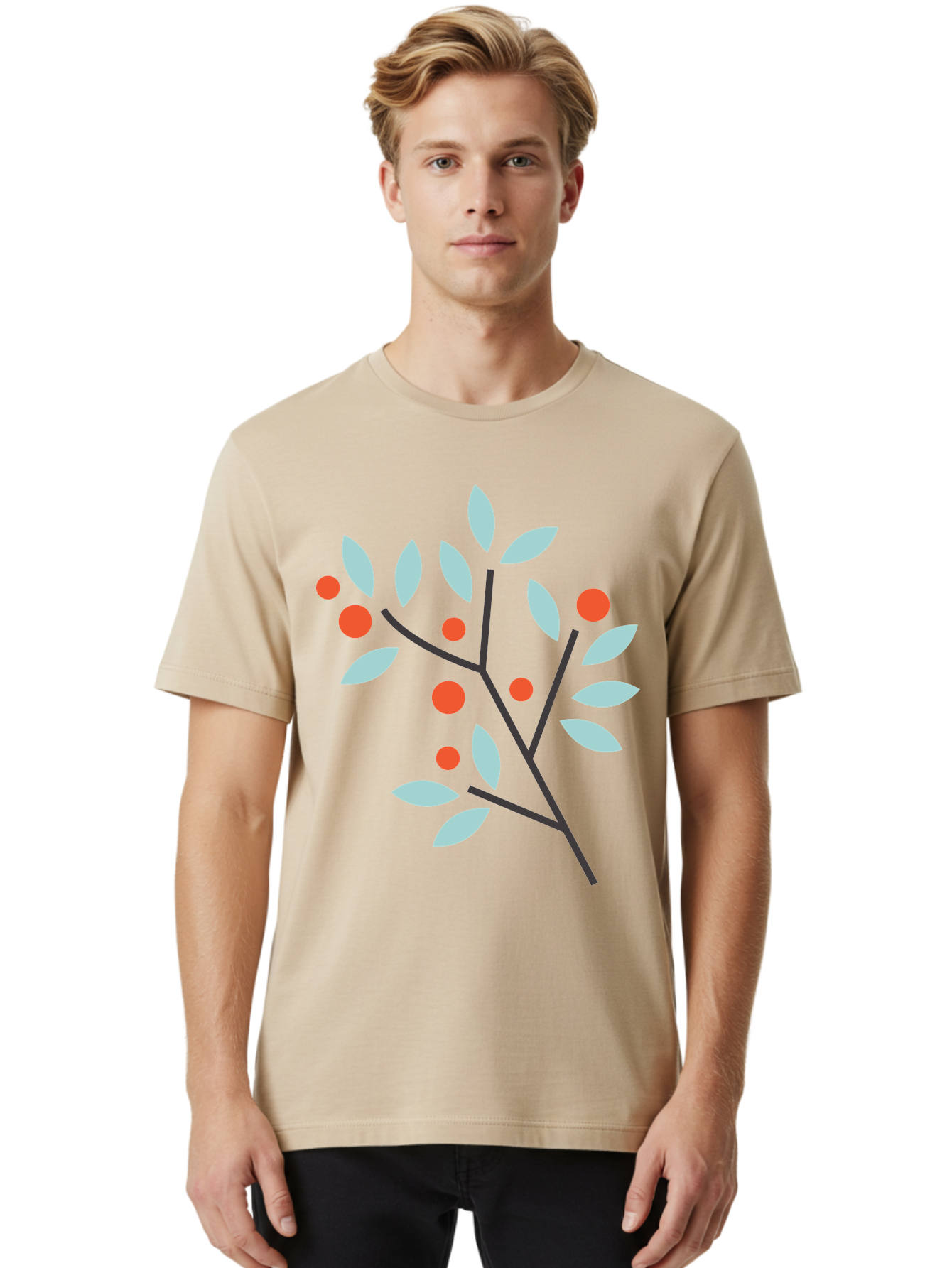 Branch-With-Leaves-And-Berries Men'S Graphic Tee, 100% Cotton, Comfortable Casual Summer Wear, Machine Washable, Simple Branch, Red Berries, Light Blue Leaves, Black Branches, Minimalist Design, Flat Illustration, Nature-Inspired Art, Aac542 12