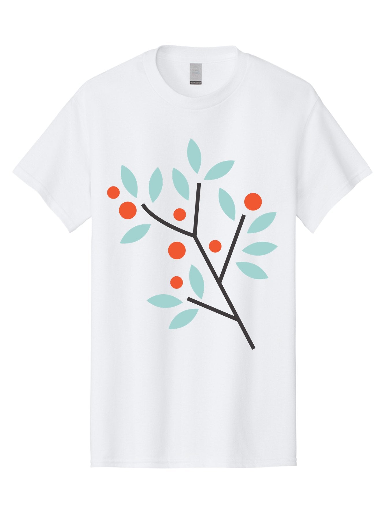 Branch-With-Leaves-And-Berries Men'S Graphic Tee, 100% Cotton, Comfortable Casual Summer Wear, Machine Washable, Simple Branch, Red Berries, Light Blue Leaves, Black Branches, Minimalist Design, Flat Illustration, Nature-Inspired Art, Aac542 15