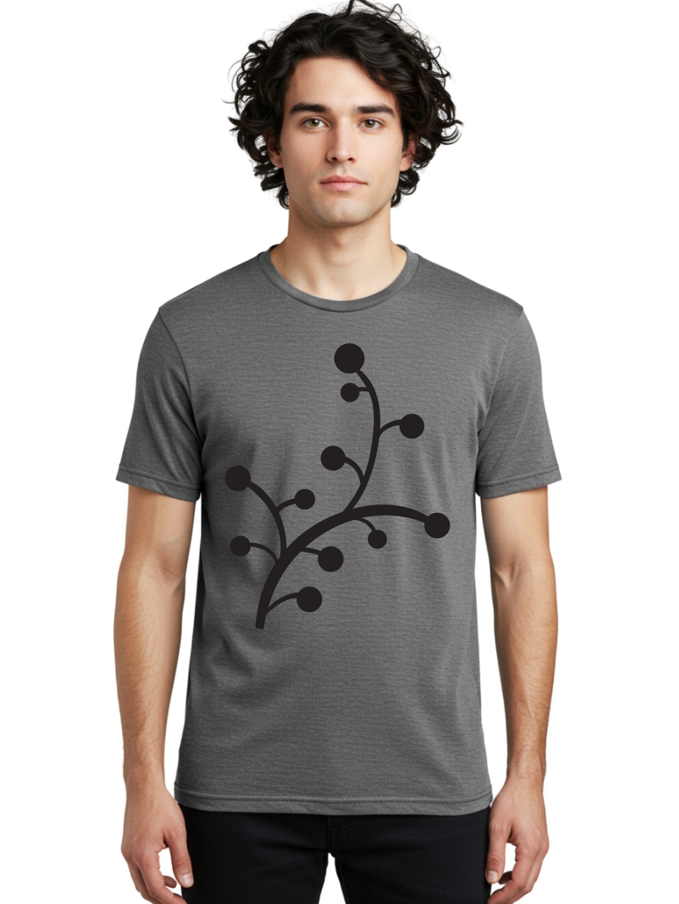 Branched-Stem Men'S Graphic Tee, 100% Cotton, Comfortable Casual Summer Wear, Machine Washable, Mistletoe Silhouette, Minimalist Design, Black And Green Color Scheme, Festive Decor, Holiday Icon, Christmas Symbol, Simple Graphics, Aac543 17