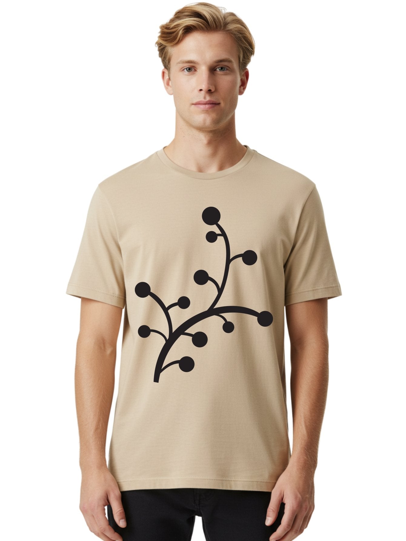 Branched-Stem Men'S Graphic Tee, 100% Cotton, Comfortable Casual Summer Wear, Machine Washable, Mistletoe Silhouette, Minimalist Design, Black And Green Color Scheme, Festive Decor, Holiday Icon, Christmas Symbol, Simple Graphics, Aac543 29