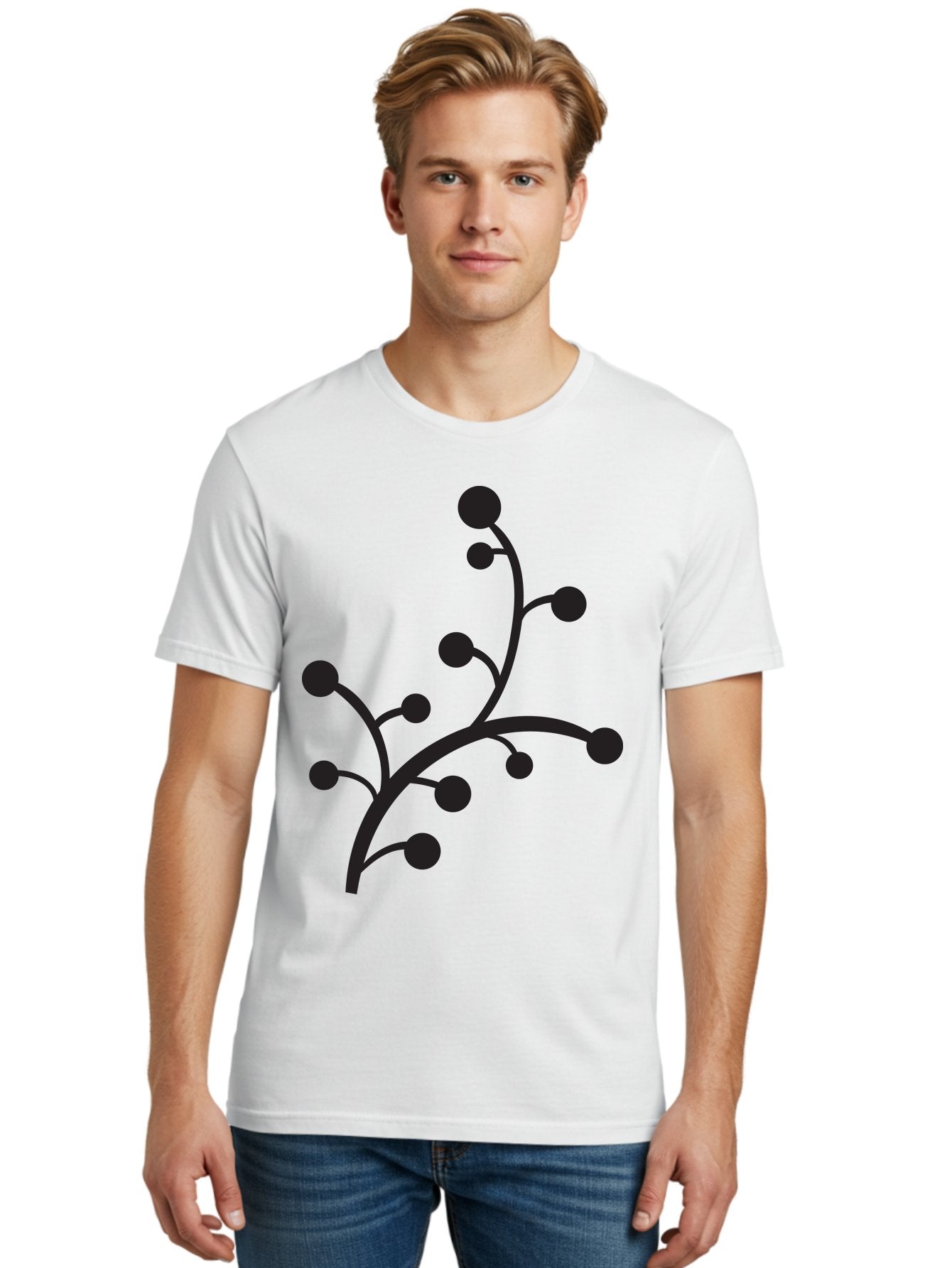 Branched-Stem Men'S Graphic Tee, 100% Cotton, Comfortable Casual Summer Wear, Machine Washable, Mistletoe Silhouette, Minimalist Design, Black And Green Color Scheme, Festive Decor, Holiday Icon, Christmas Symbol, Simple Graphics, Aac543 25