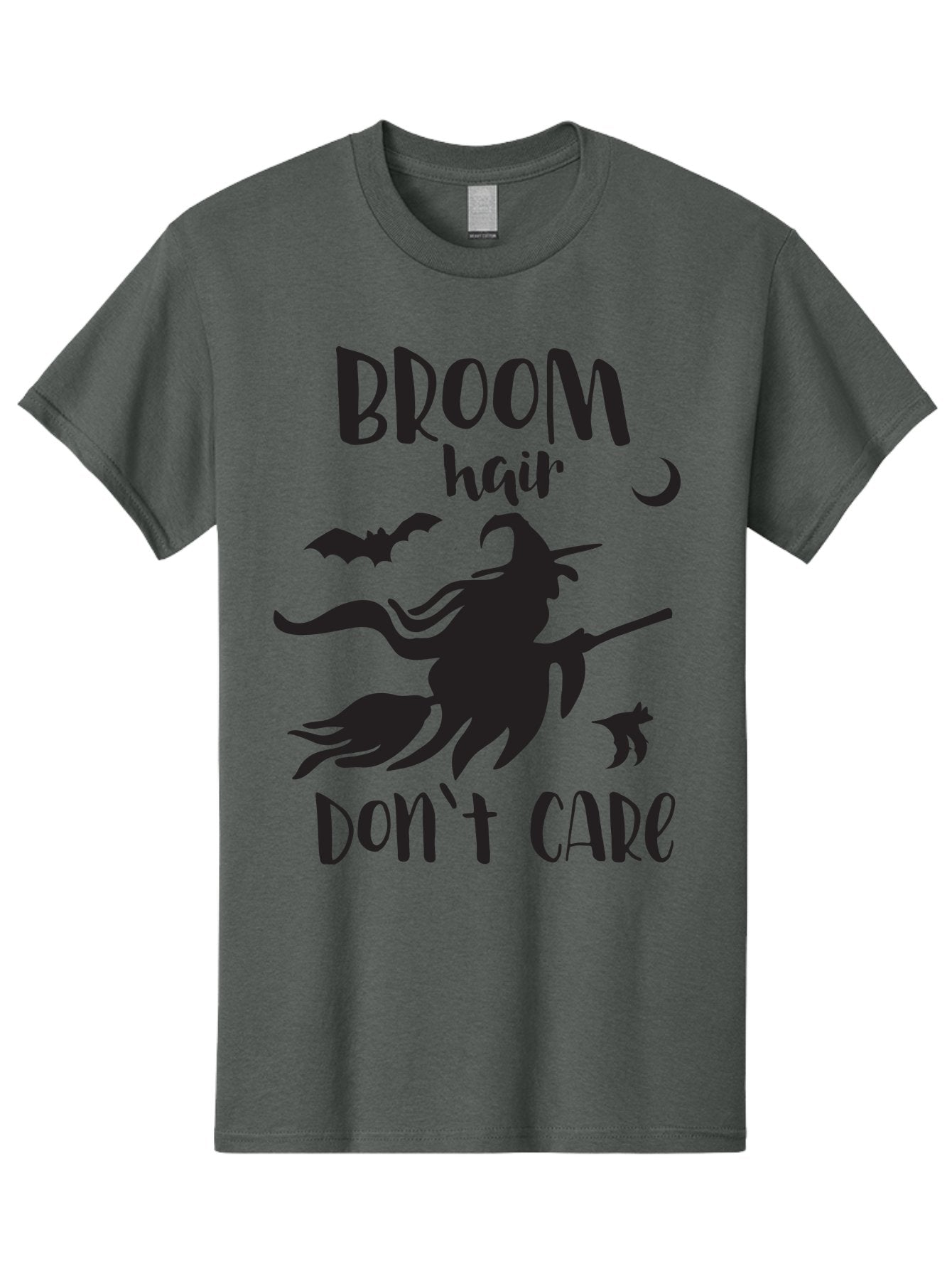 Broom-Hair-Don-T-Care Men'S Graphic Tee, 100% Cotton, Comfortable Casual Summer Wear, Machine Washable, Witch Silhouette, Broomstick, Halloween Theme, Bats Flying, Crescent Moon, Cat Silhouette, Spooky Atmosphere, Witchy Vibes, Mystical Night, Aac547 3