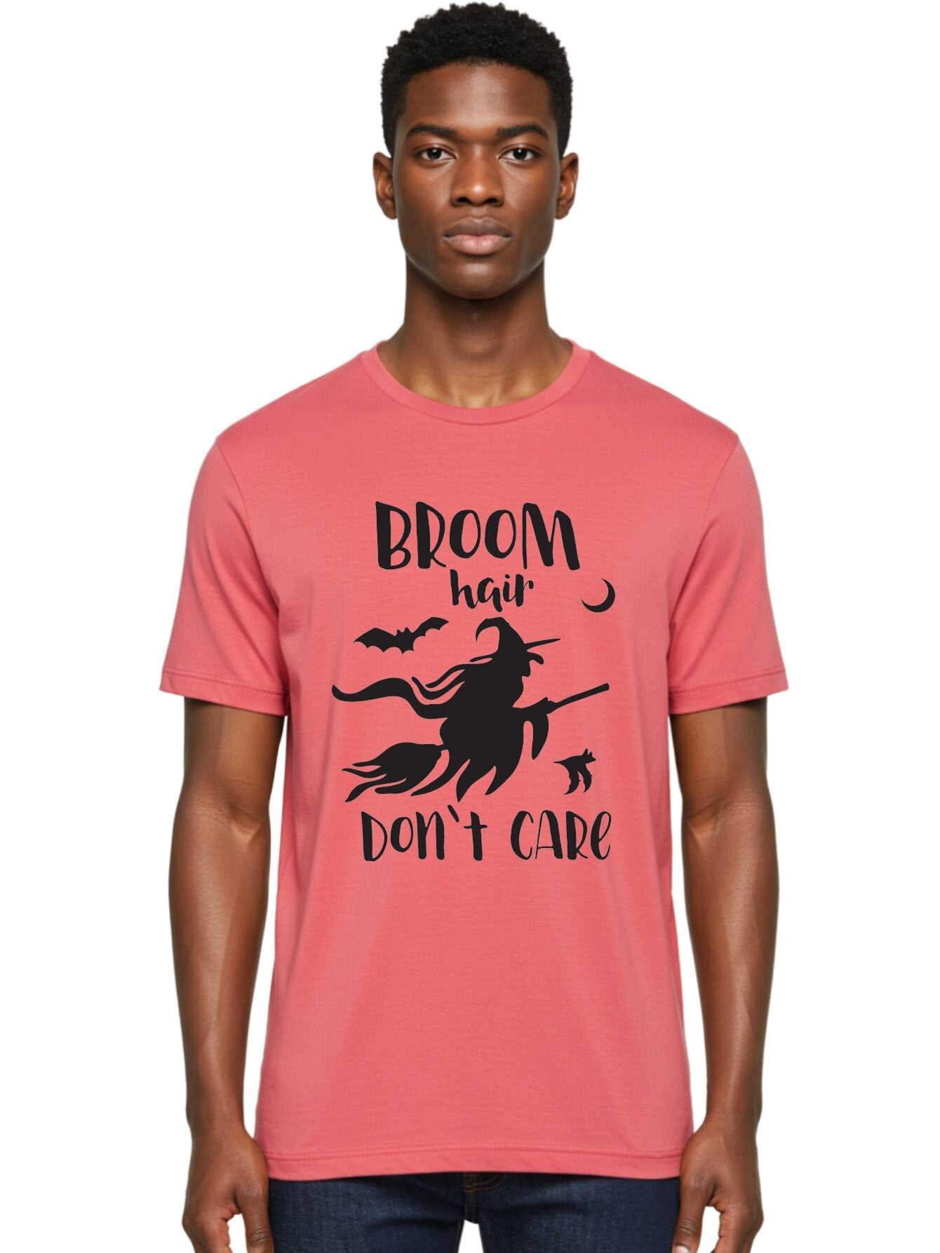 Broom-Hair-Don-T-Care Men'S Graphic Tee, 100% Cotton, Comfortable Casual Summer Wear, Machine Washable, Witch Silhouette, Broomstick, Halloween Theme, Bats Flying, Crescent Moon, Cat Silhouette, Spooky Atmosphere, Witchy Vibes, Mystical Night, Aac547 26