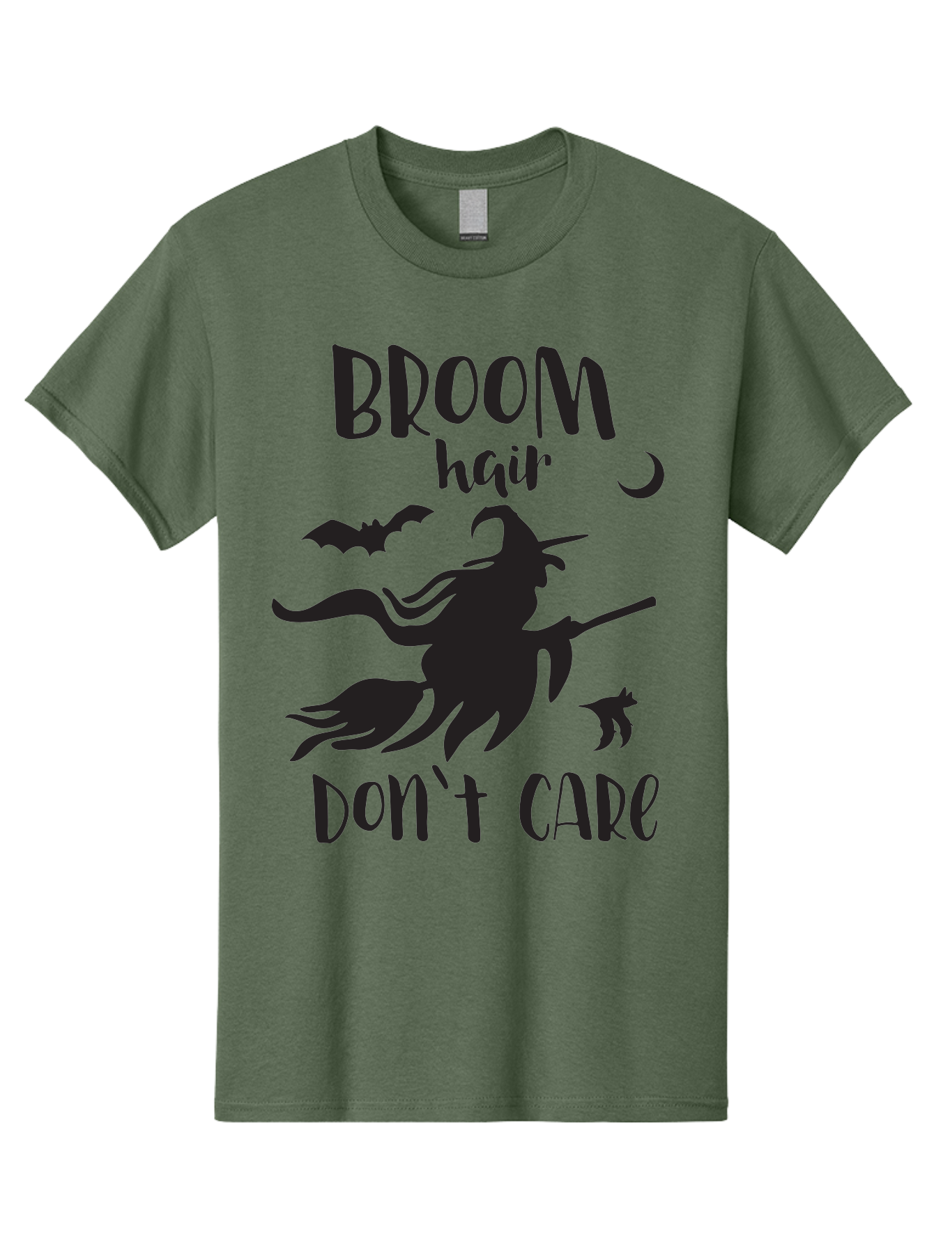 Broom-Hair-Don-T-Care Men'S Graphic Tee, 100% Cotton, Comfortable Casual Summer Wear, Machine Washable, Witch Silhouette, Broomstick, Halloween Theme, Bats Flying, Crescent Moon, Cat Silhouette, Spooky Atmosphere, Witchy Vibes, Mystical Night, Aac547