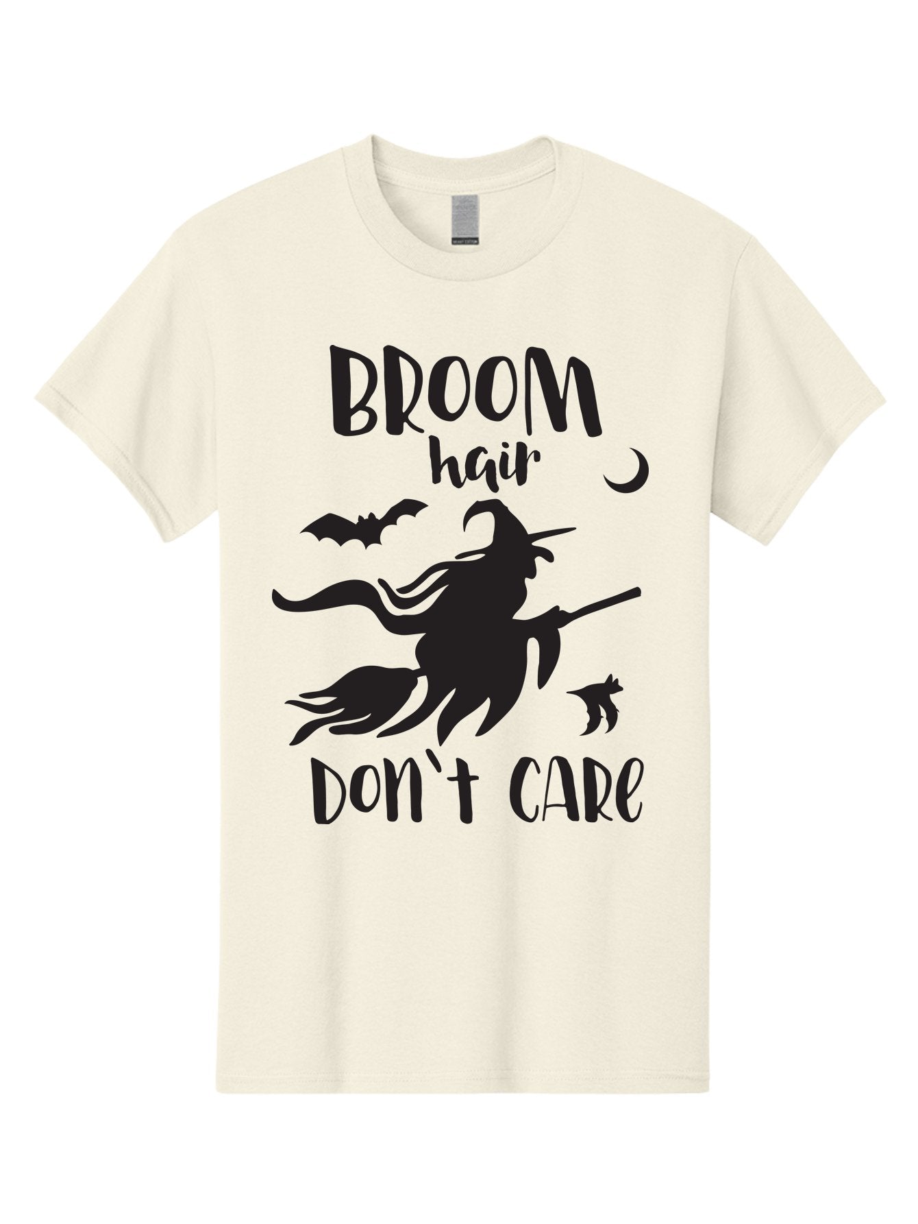 Broom-Hair-Don-T-Care Men'S Graphic Tee, 100% Cotton, Comfortable Casual Summer Wear, Machine Washable, Witch Silhouette, Broomstick, Halloween Theme, Bats Flying, Crescent Moon, Cat Silhouette, Spooky Atmosphere, Witchy Vibes, Mystical Night, Aac547