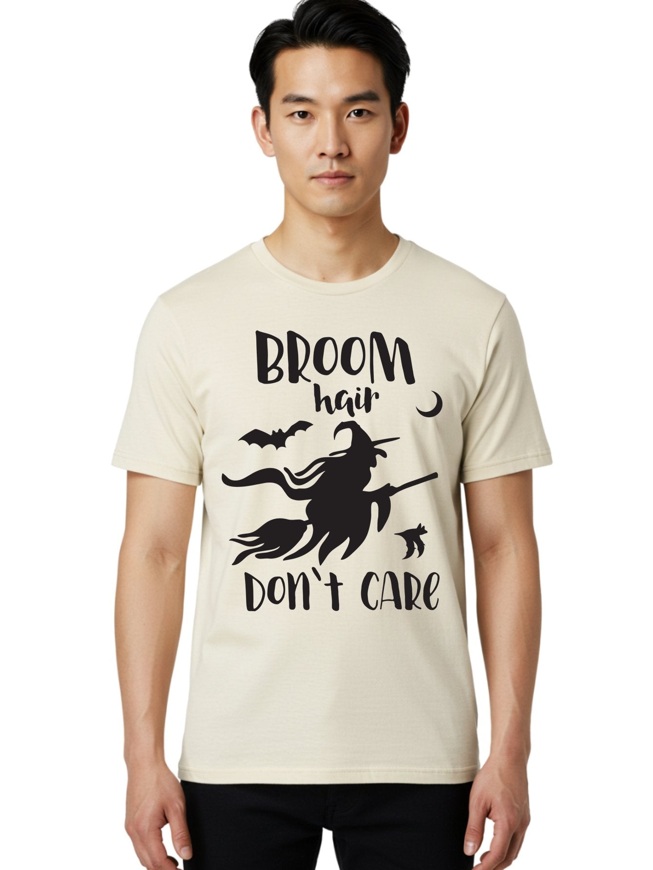 Broom-Hair-Don-T-Care Men'S Graphic Tee, 100% Cotton, Comfortable Casual Summer Wear, Machine Washable, Witch Silhouette, Broomstick, Halloween Theme, Bats Flying, Crescent Moon, Cat Silhouette, Spooky Atmosphere, Witchy Vibes, Mystical Night, Aac547 21
