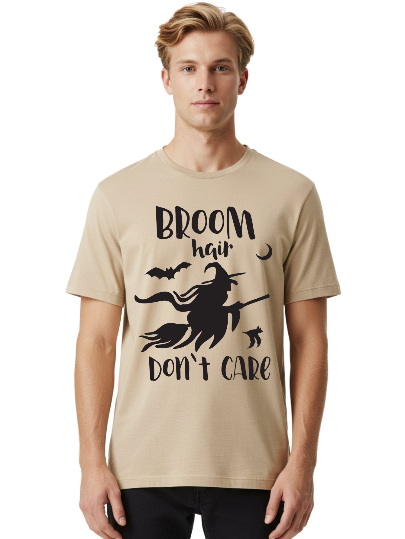 Broom-Hair-Don-T-Care Men'S Graphic Tee, 100% Cotton, Comfortable Casual Summer Wear, Machine Washable, Witch Silhouette, Broomstick, Halloween Theme, Bats Flying, Crescent Moon, Cat Silhouette, Spooky Atmosphere, Witchy Vibes, Mystical Night, Aac547 29