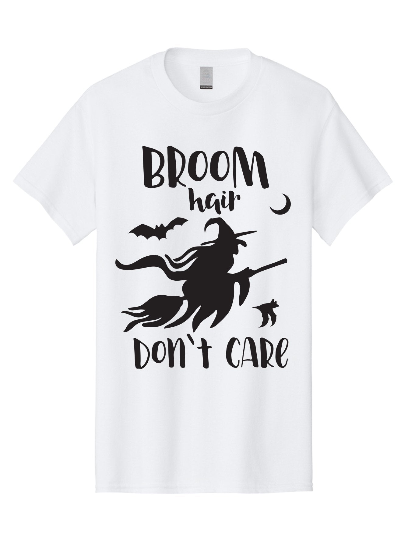 Broom-Hair-Don-T-Care Men'S Graphic Tee, 100% Cotton, Comfortable Casual Summer Wear, Machine Washable, Witch Silhouette, Broomstick, Halloween Theme, Bats Flying, Crescent Moon, Cat Silhouette, Spooky Atmosphere, Witchy Vibes, Mystical Night, Aac547