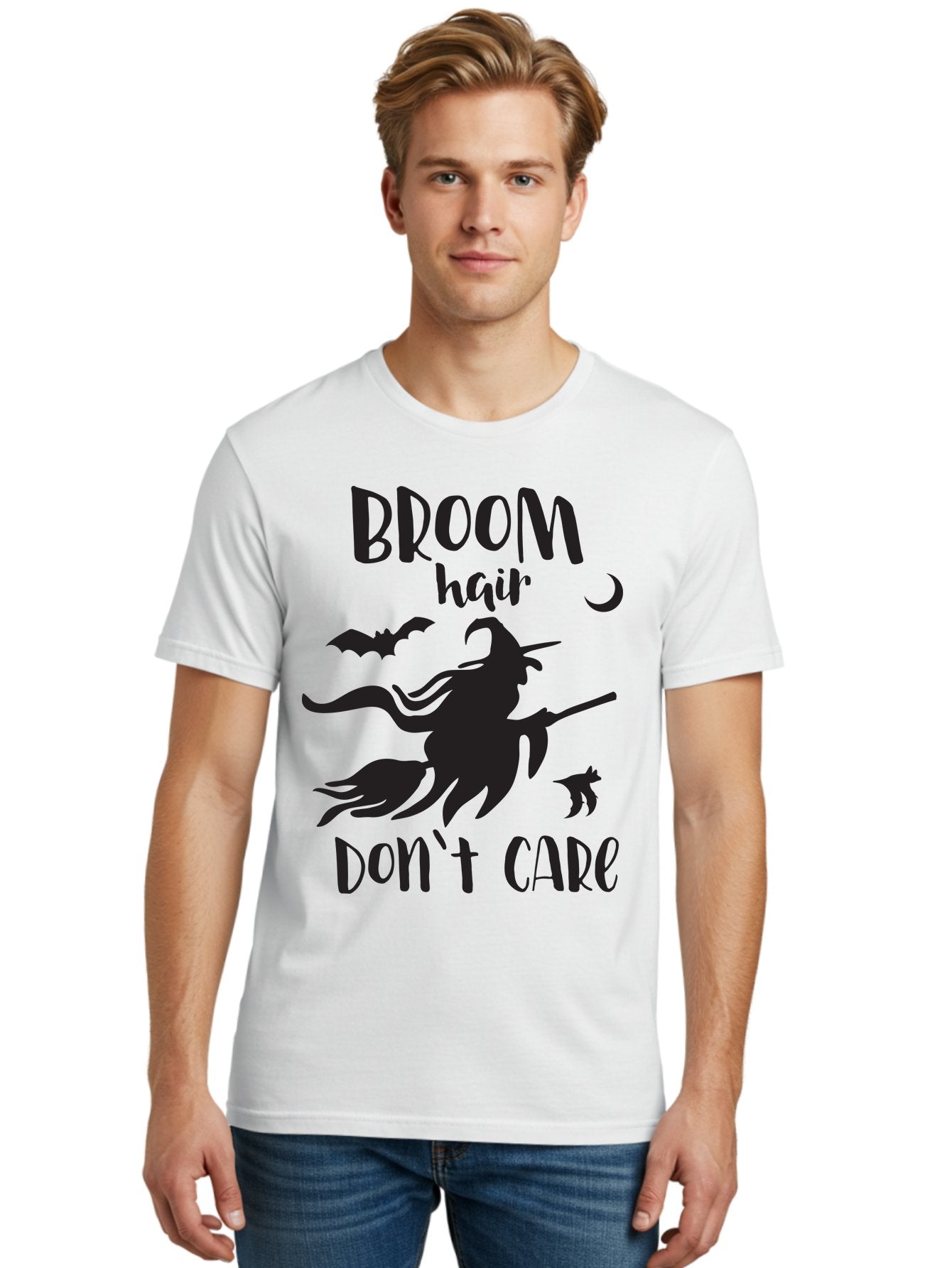 Broom-Hair-Don-T-Care Men'S Graphic Tee, 100% Cotton, Comfortable Casual Summer Wear, Machine Washable, Witch Silhouette, Broomstick, Halloween Theme, Bats Flying, Crescent Moon, Cat Silhouette, Spooky Atmosphere, Witchy Vibes, Mystical Night, Aac547 19