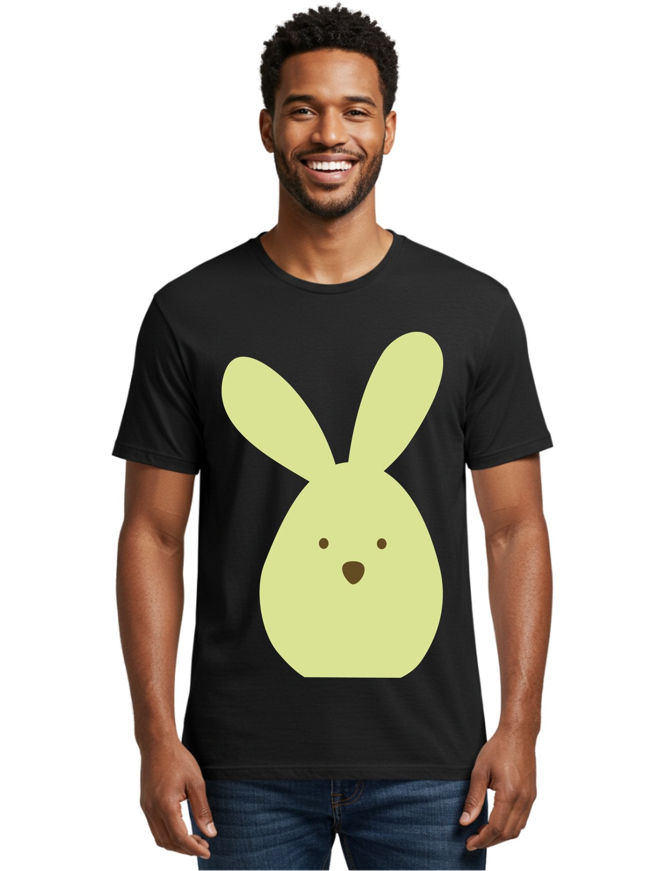 Bunny-Face Men'S Graphic Tee, 100% Cotton, Comfortable Casual Summer Wear, Machine Washable, Cartoon Bunny, Easter Bunny, Cute, Simple Design, Childrens Illustration, Rabbit Face, Brown Nose, Pale Yellow, Digital Art Aac549 22