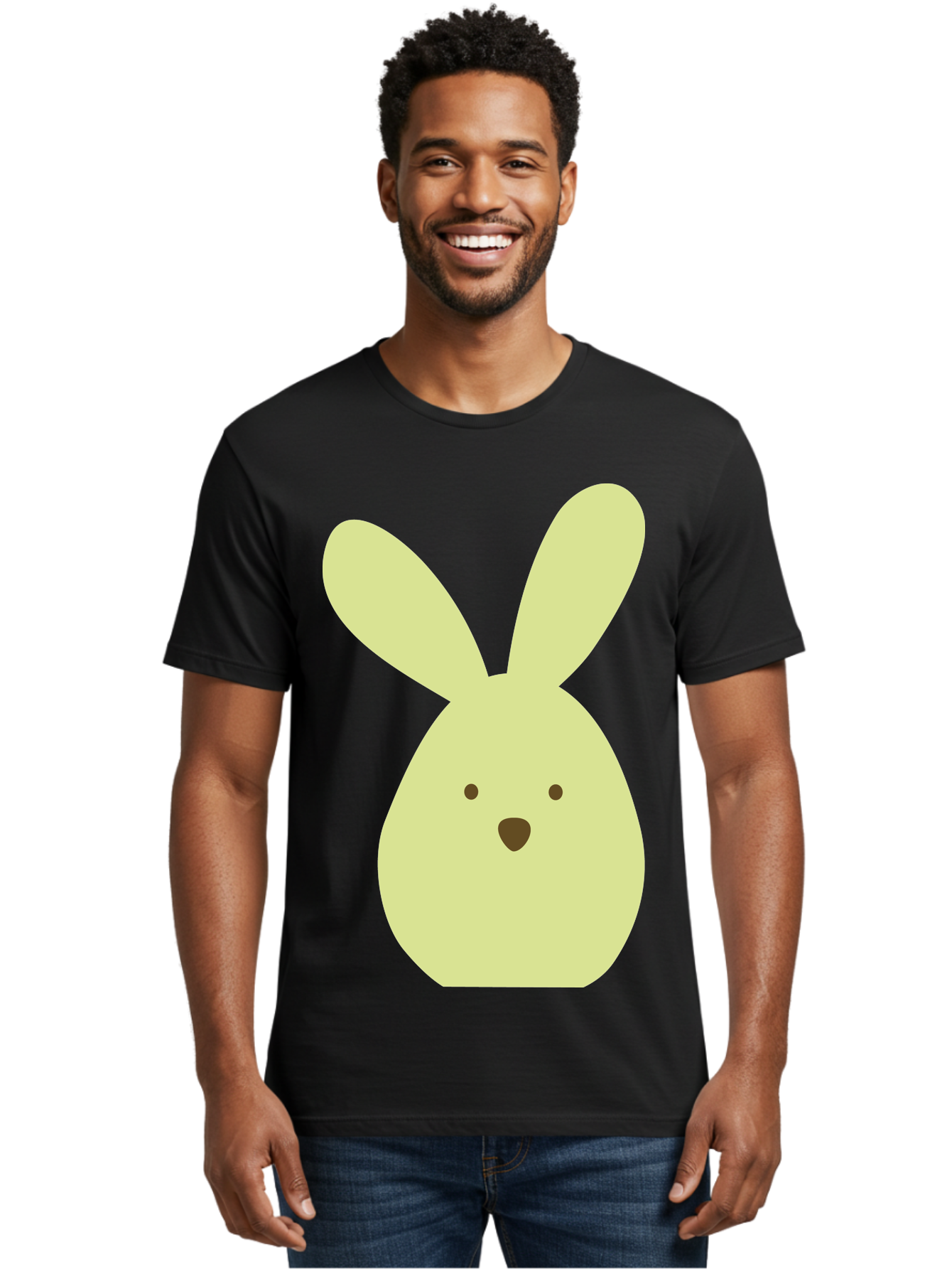 Bunny-Face Men'S Graphic Tee, 100% Cotton, Comfortable Casual Summer Wear, Machine Washable, Cartoon Bunny, Easter Bunny, Cute, Simple Design, Childrens Illustration, Rabbit Face, Brown Nose, Pale Yellow, Digital Art Aac549 18