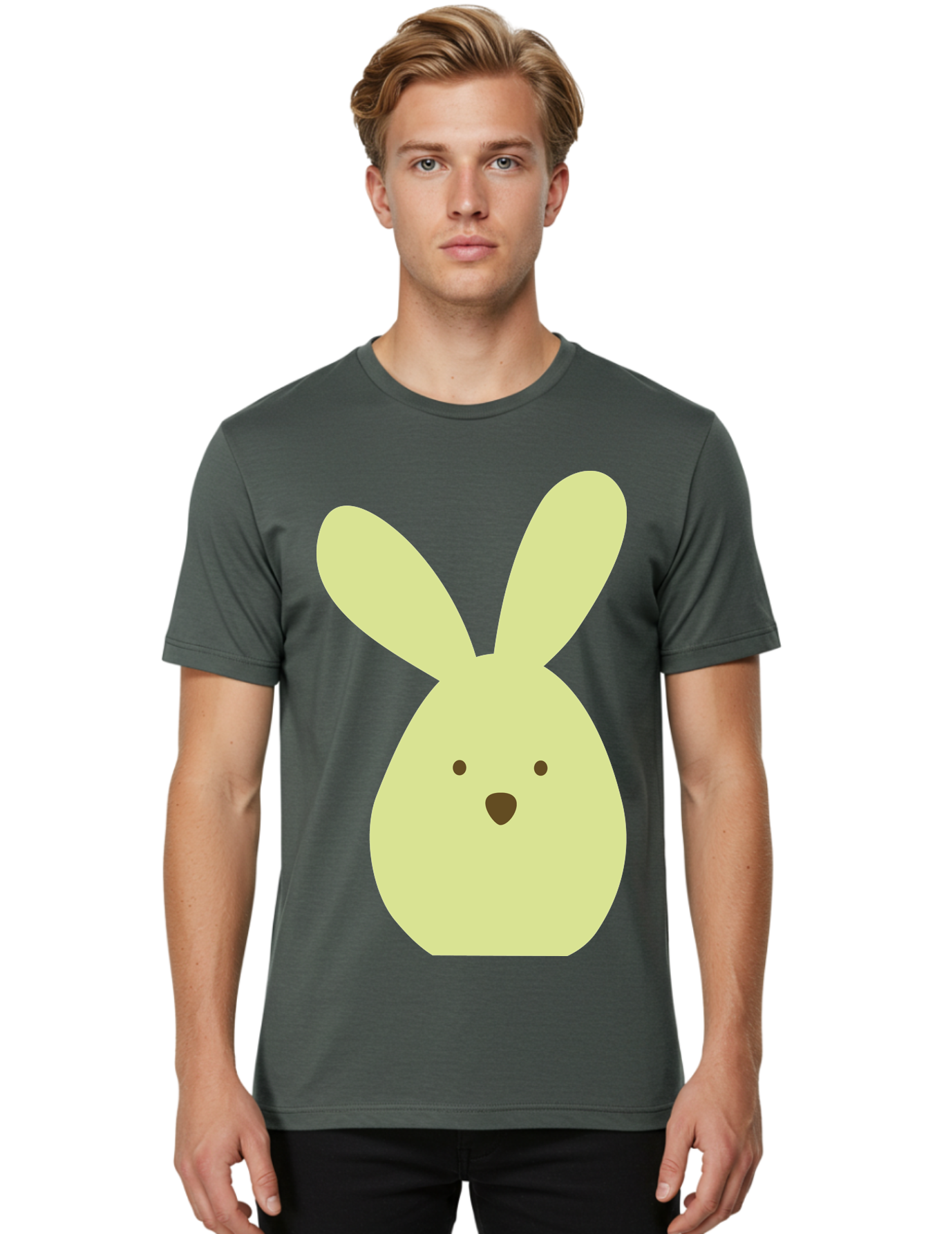 Bunny-Face Men'S Graphic Tee, 100% Cotton, Comfortable Casual Summer Wear, Machine Washable, Cartoon Bunny, Easter Bunny, Cute, Simple Design, Childrens Illustration, Rabbit Face, Brown Nose, Pale Yellow, Digital Art Aac549 30