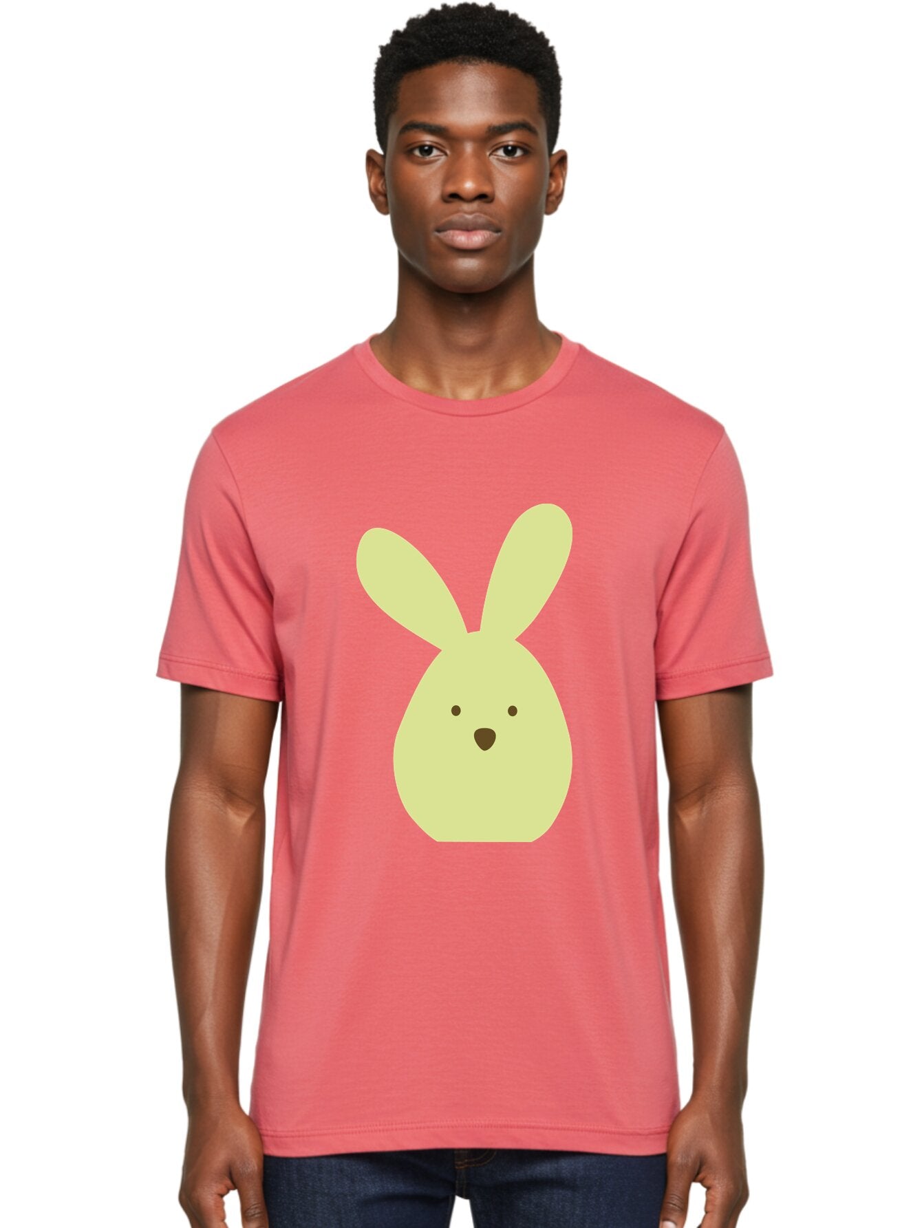 Bunny-Face Men'S Graphic Tee, 100% Cotton, Comfortable Casual Summer Wear, Machine Washable, Cartoon Bunny, Easter Bunny, Cute, Simple Design, Childrens Illustration, Rabbit Face, Brown Nose, Pale Yellow, Digital Art Aac549 26