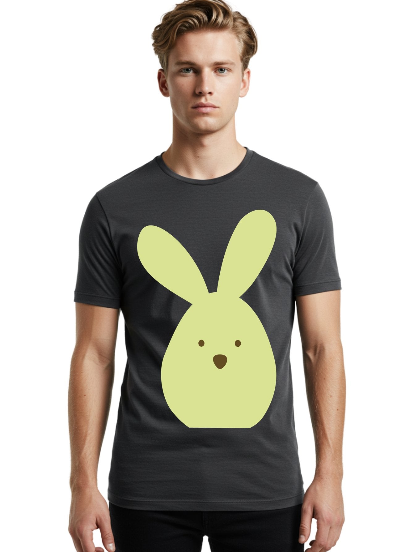 Bunny-Face Men'S Graphic Tee, 100% Cotton, Comfortable Casual Summer Wear, Machine Washable, Cartoon Bunny, Easter Bunny, Cute, Simple Design, Childrens Illustration, Rabbit Face, Brown Nose, Pale Yellow, Digital Art Aac549 19