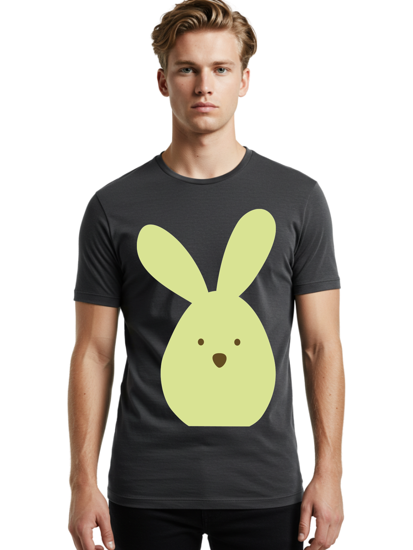 Bunny-Face Men'S Graphic Tee, 100% Cotton, Comfortable Casual Summer Wear, Machine Washable, Cartoon Bunny, Easter Bunny, Cute, Simple Design, Childrens Illustration, Rabbit Face, Brown Nose, Pale Yellow, Digital Art Aac549 22