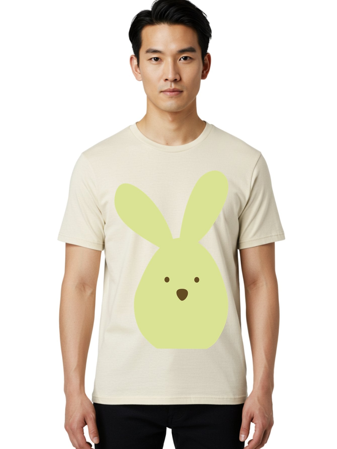 Bunny-Face Men'S Graphic Tee, 100% Cotton, Comfortable Casual Summer Wear, Machine Washable, Cartoon Bunny, Easter Bunny, Cute, Simple Design, Childrens Illustration, Rabbit Face, Brown Nose, Pale Yellow, Digital Art Aac549 29