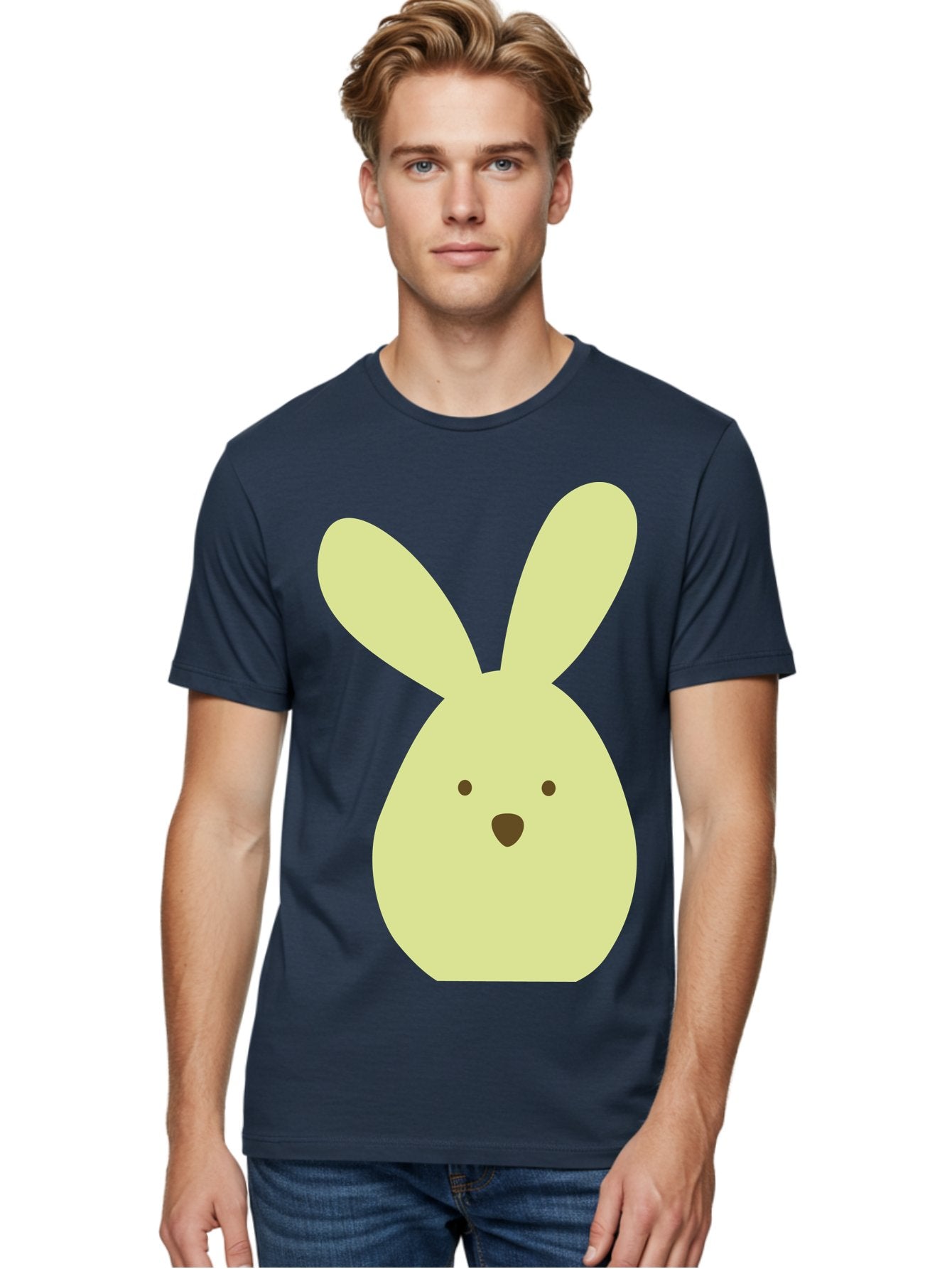 Bunny-Face Men'S Graphic Tee, 100% Cotton, Comfortable Casual Summer Wear, Machine Washable, Cartoon Bunny, Easter Bunny, Cute, Simple Design, Childrens Illustration, Rabbit Face, Brown Nose, Pale Yellow, Digital Art Aac549 18