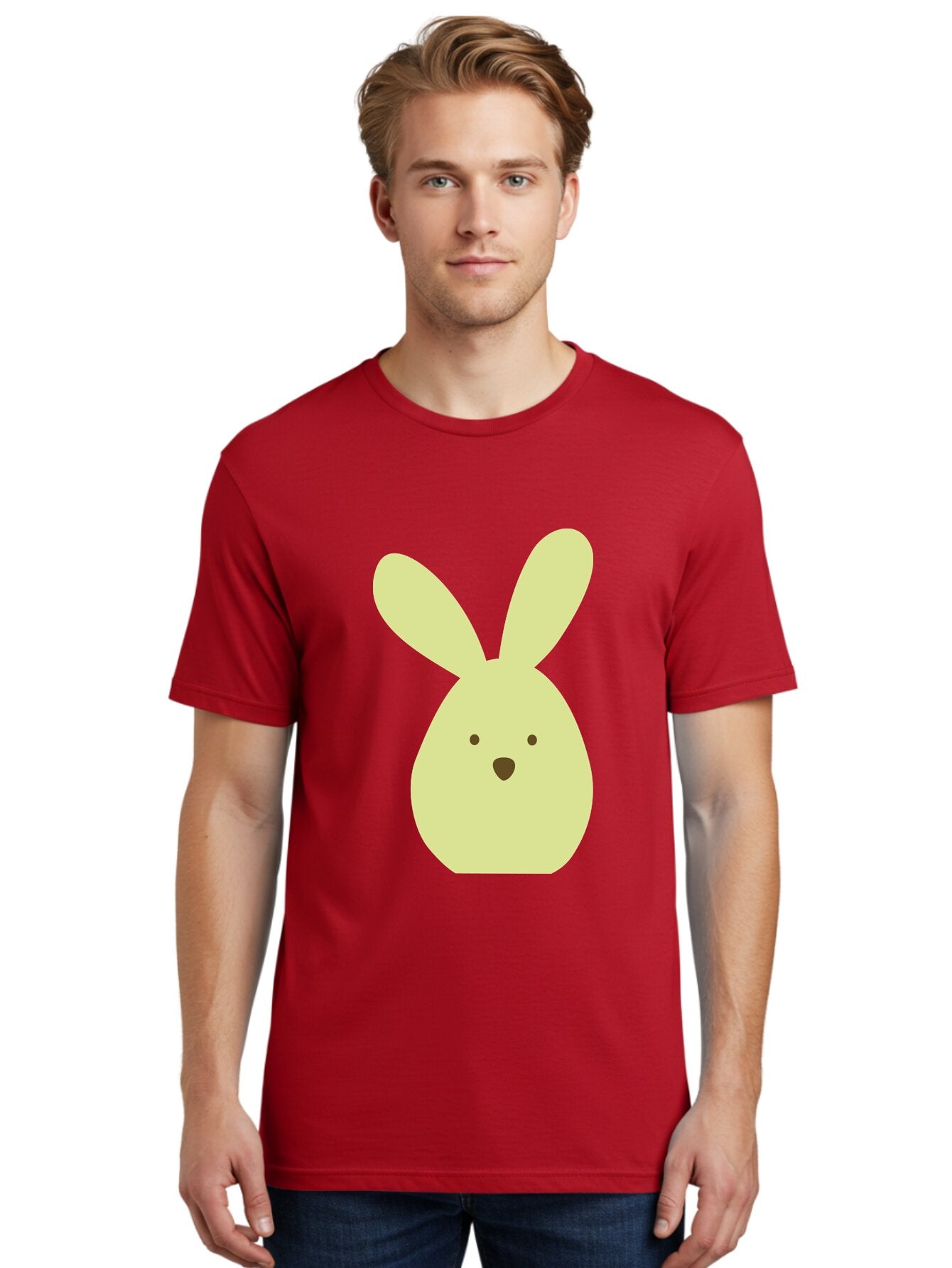 Bunny-Face Men'S Graphic Tee, 100% Cotton, Comfortable Casual Summer Wear, Machine Washable, Cartoon Bunny, Easter Bunny, Cute, Simple Design, Childrens Illustration, Rabbit Face, Brown Nose, Pale Yellow, Digital Art Aac549 17
