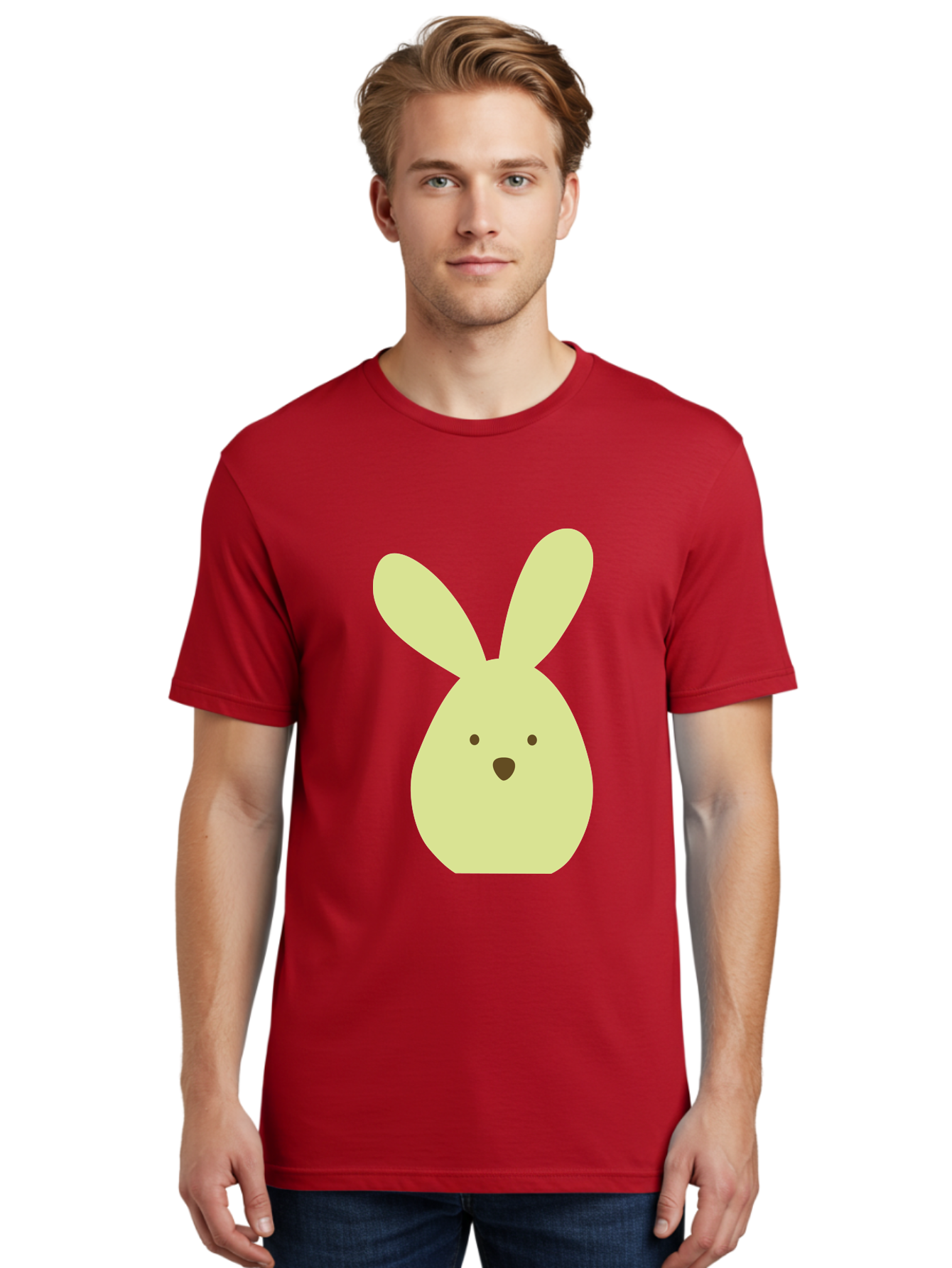Bunny-Face Men'S Graphic Tee, 100% Cotton, Comfortable Casual Summer Wear, Machine Washable, Cartoon Bunny, Easter Bunny, Cute, Simple Design, Childrens Illustration, Rabbit Face, Brown Nose, Pale Yellow, Digital Art Aac549 28