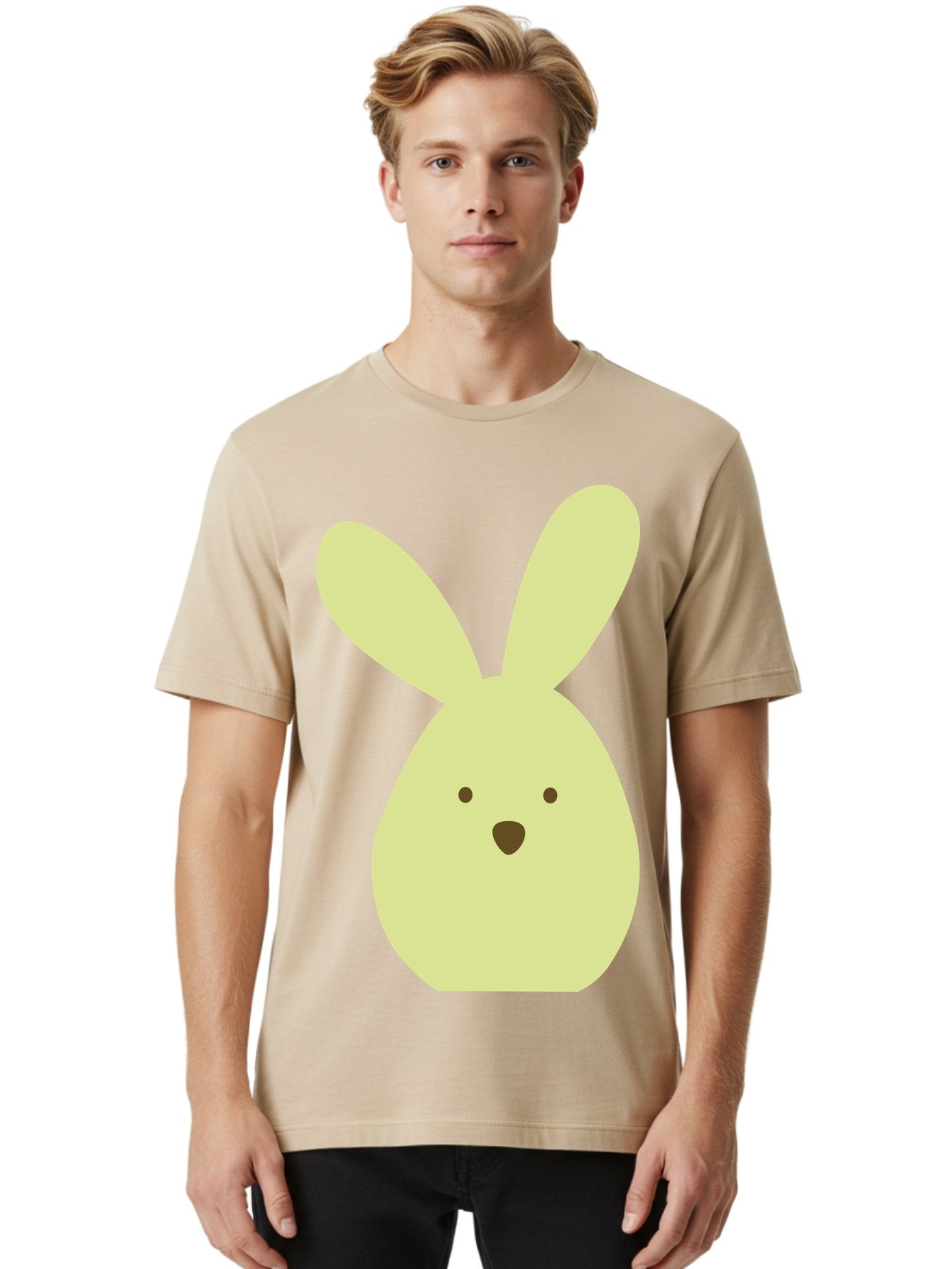 Bunny-Face Men'S Graphic Tee, 100% Cotton, Comfortable Casual Summer Wear, Machine Washable, Cartoon Bunny, Easter Bunny, Cute, Simple Design, Childrens Illustration, Rabbit Face, Brown Nose, Pale Yellow, Digital Art Aac549 30