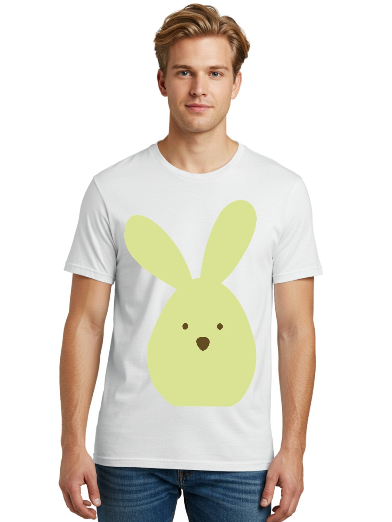 Bunny-Face Men'S Graphic Tee, 100% Cotton, Comfortable Casual Summer Wear, Machine Washable, Cartoon Bunny, Easter Bunny, Cute, Simple Design, Childrens Illustration, Rabbit Face, Brown Nose, Pale Yellow, Digital Art Aac549 25