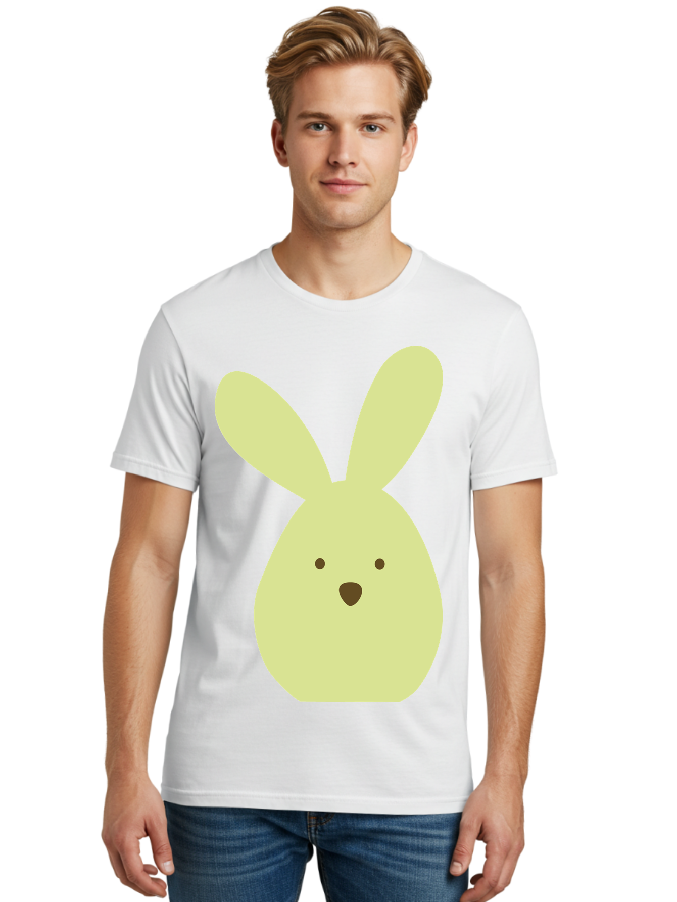 Bunny-Face Men'S Graphic Tee, 100% Cotton, Comfortable Casual Summer Wear, Machine Washable, Cartoon Bunny, Easter Bunny, Cute, Simple Design, Childrens Illustration, Rabbit Face, Brown Nose, Pale Yellow, Digital Art Aac549 12